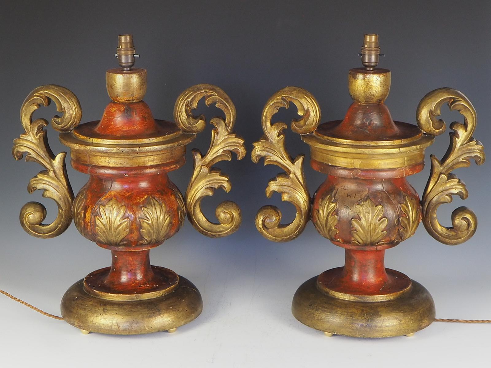 Pair of 19th Century Italian Hand Carved and Painted Table Lamps For Sale 1