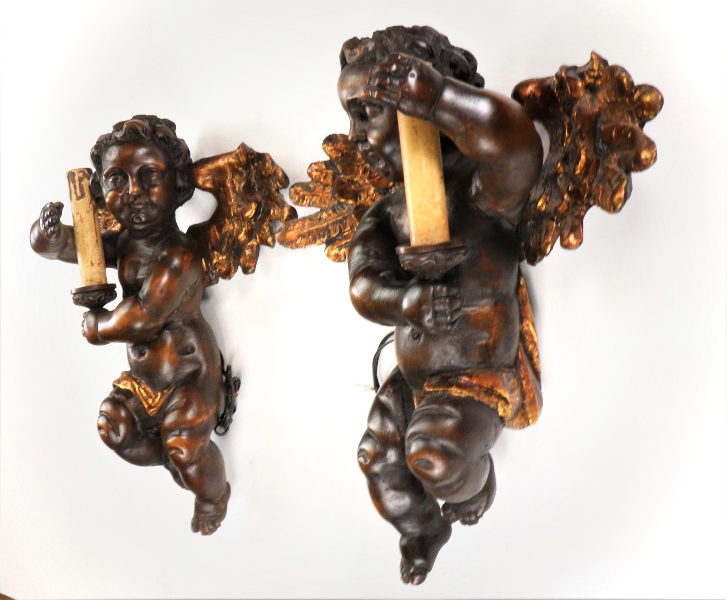 Renaissance Pair of 19th Century Italian Hand Carved Angel Cherub Sconces For Sale