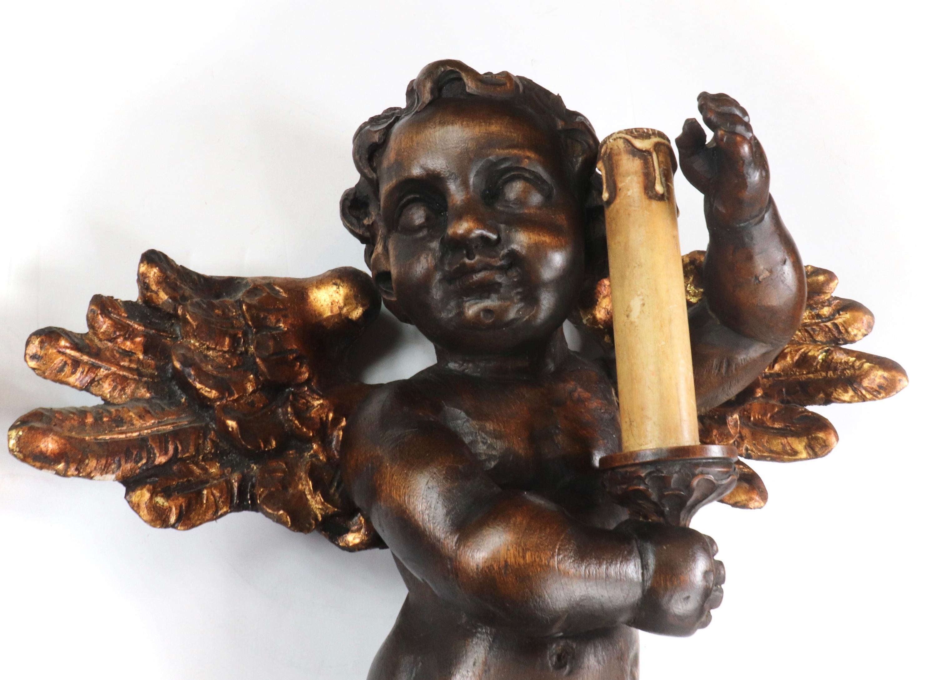 Gold Leaf Pair of 19th Century Italian Hand Carved Angel Cherub Sconces For Sale