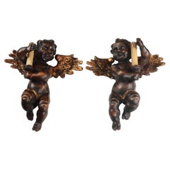 Antique Pair of 19th Century Italian Hand Carved Angel Cherub Sconces