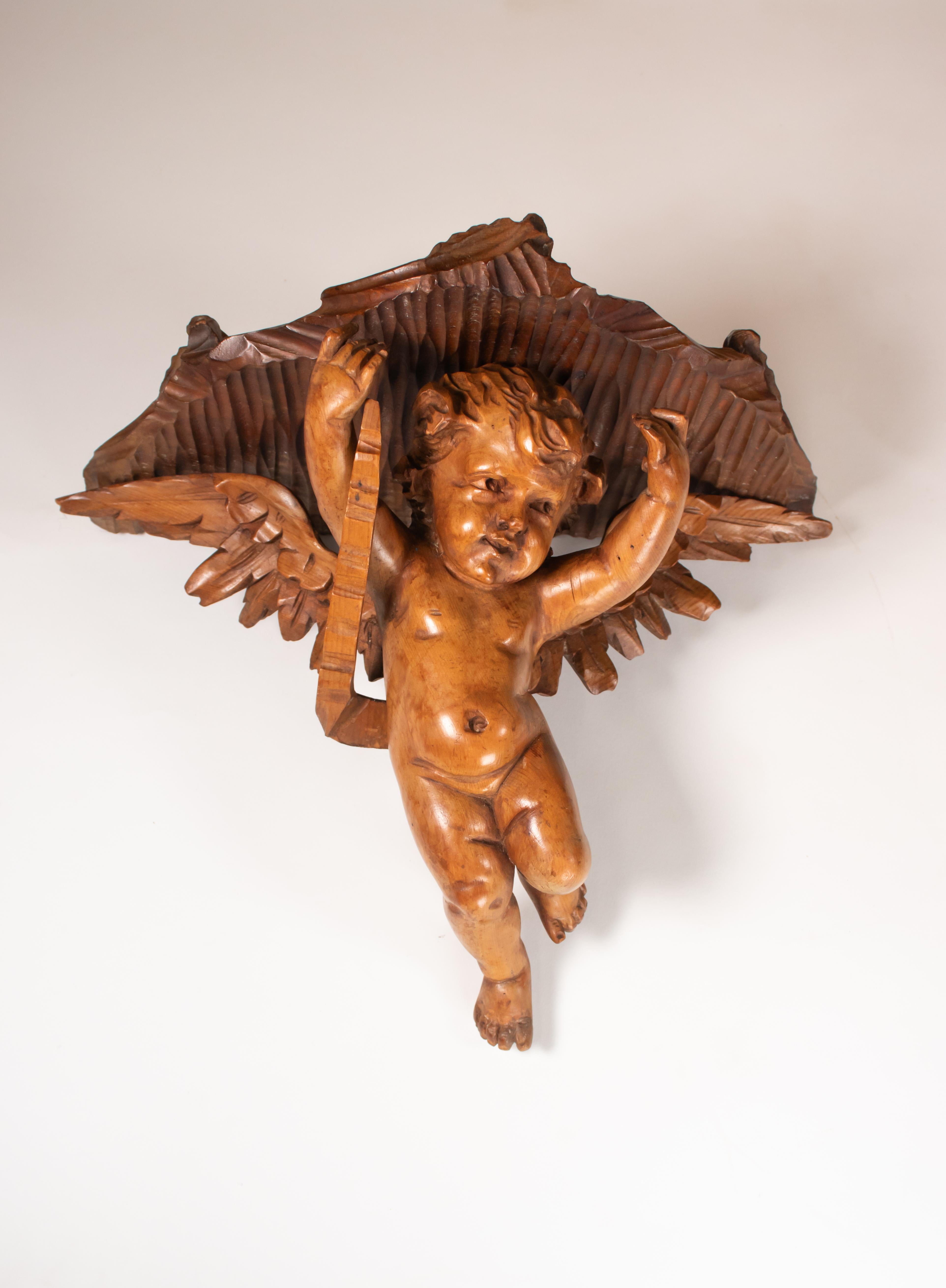 Baroque Pair of 19th Century Italian Hand Carved Walnut Brackets with Angels