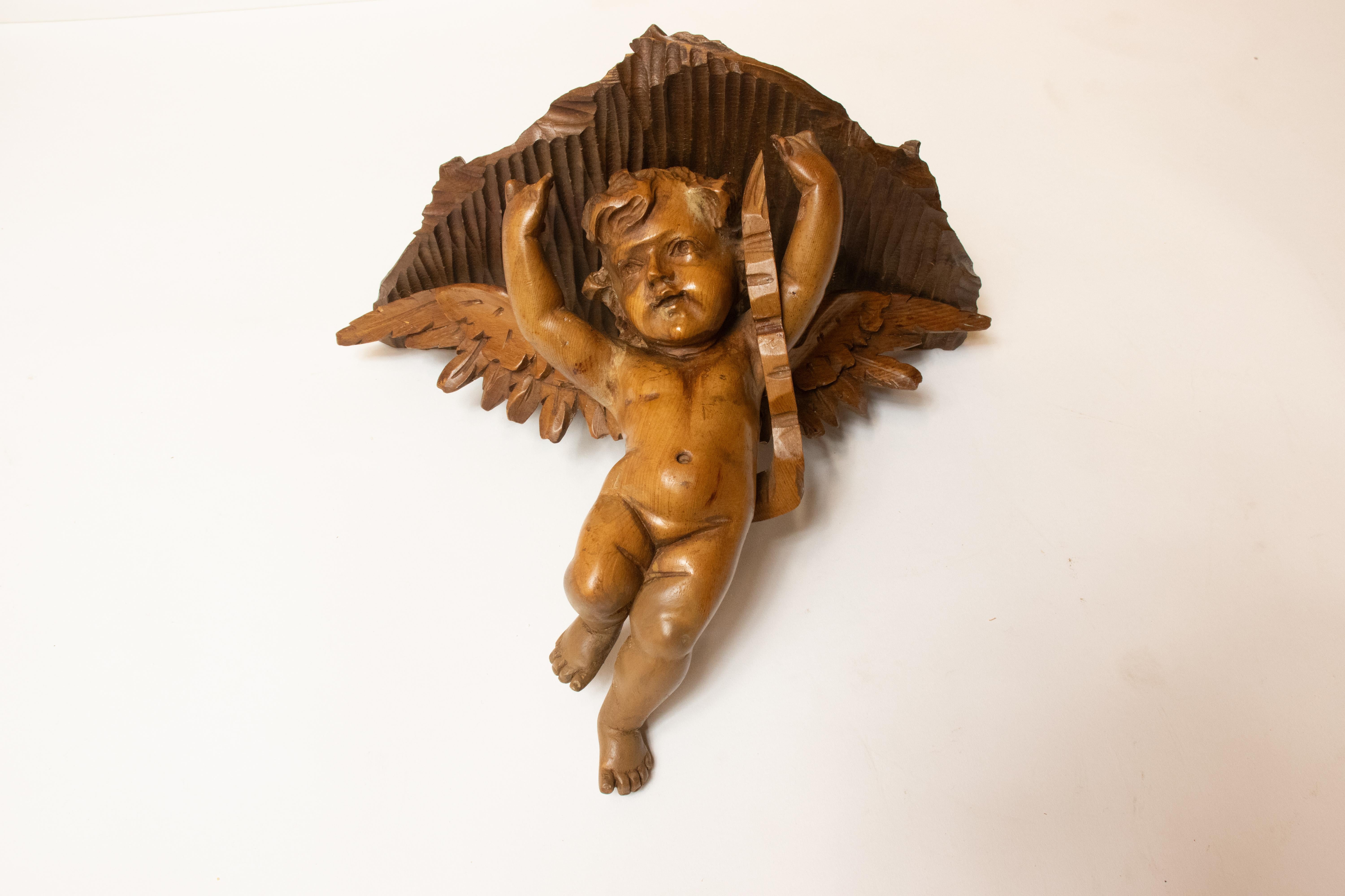 Hand-Carved Pair of 19th Century Italian Hand Carved Walnut Brackets with Angels