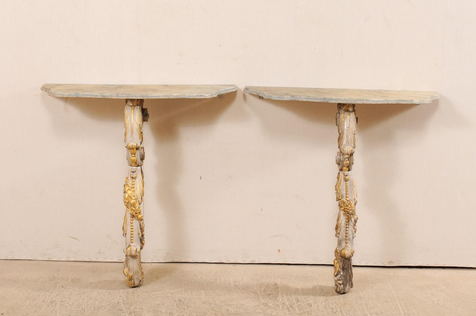 Pair of 19th Century Italian Hand Painted and Carved Wood Wall-Mount Consoles In Good Condition In Atlanta, GA