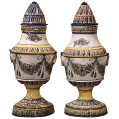 Pair of 19th Century Italian Hand Painted Ceramic Urns Jars with Lids