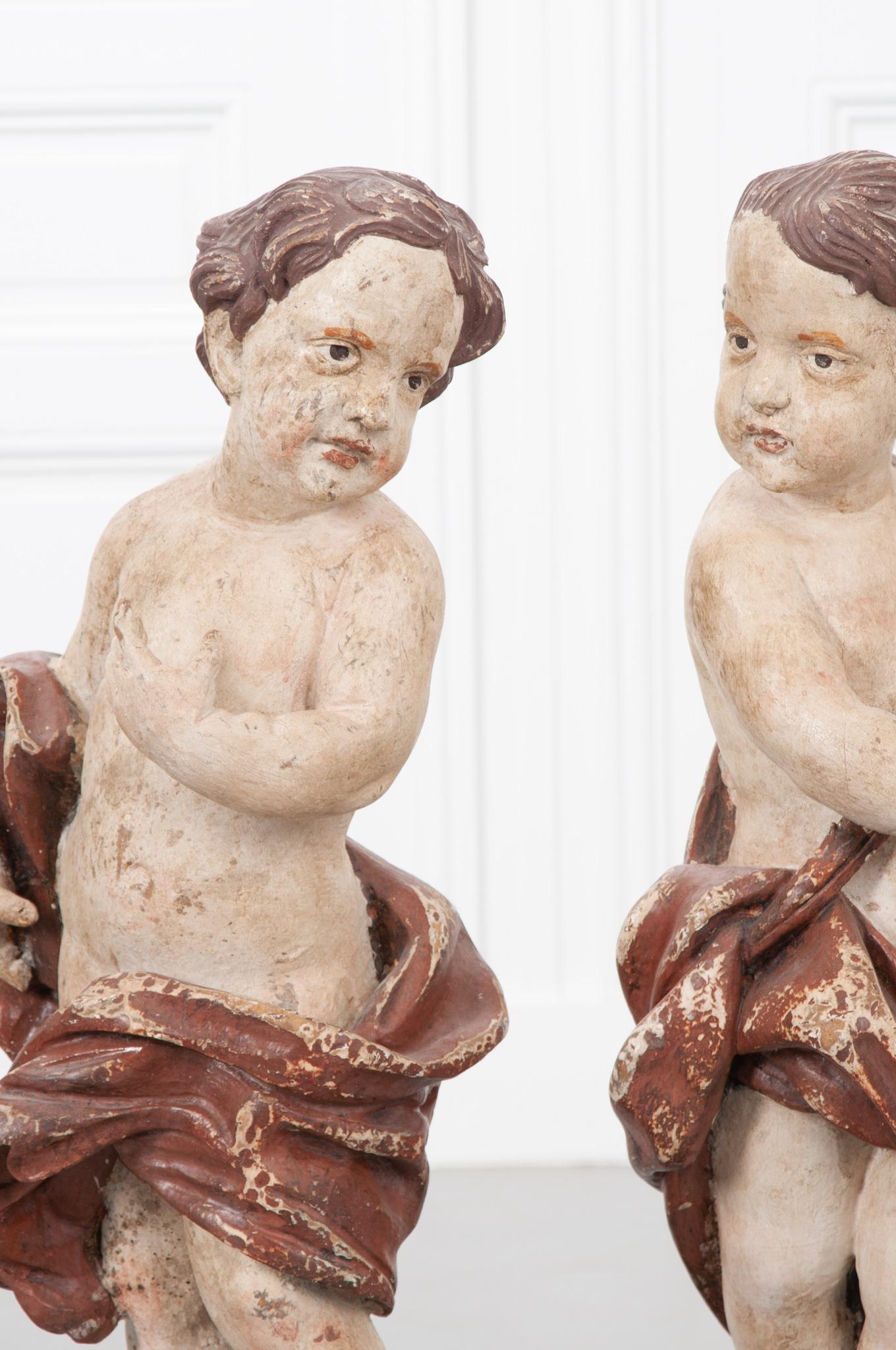 Pair of 19th Century Italian Hand Painted Putti Statues In Good Condition In Baton Rouge, LA