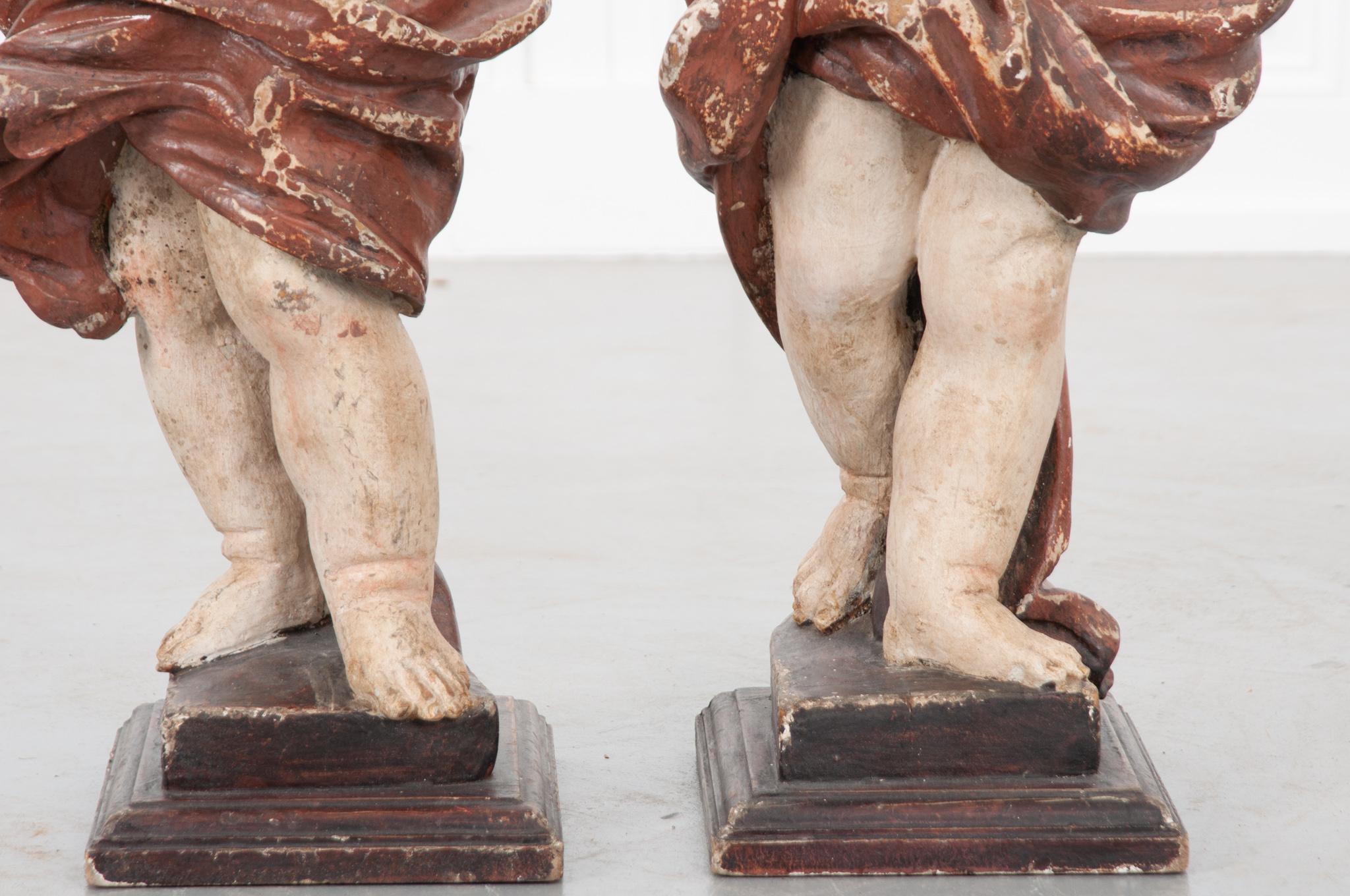 Wood Pair of 19th Century Italian Hand Painted Putti Statues