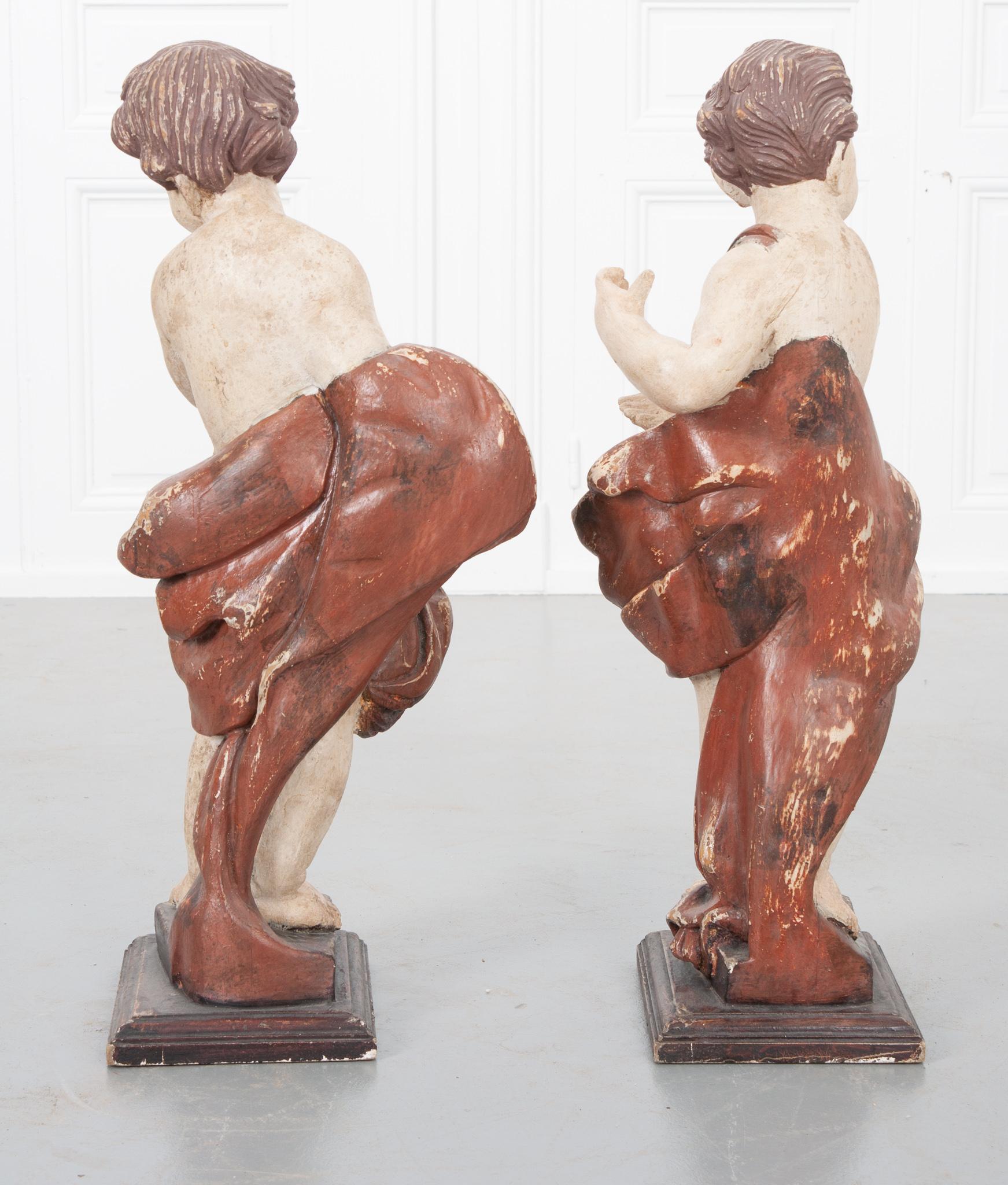 Pair of 19th Century Italian Hand Painted Putti Statues 1