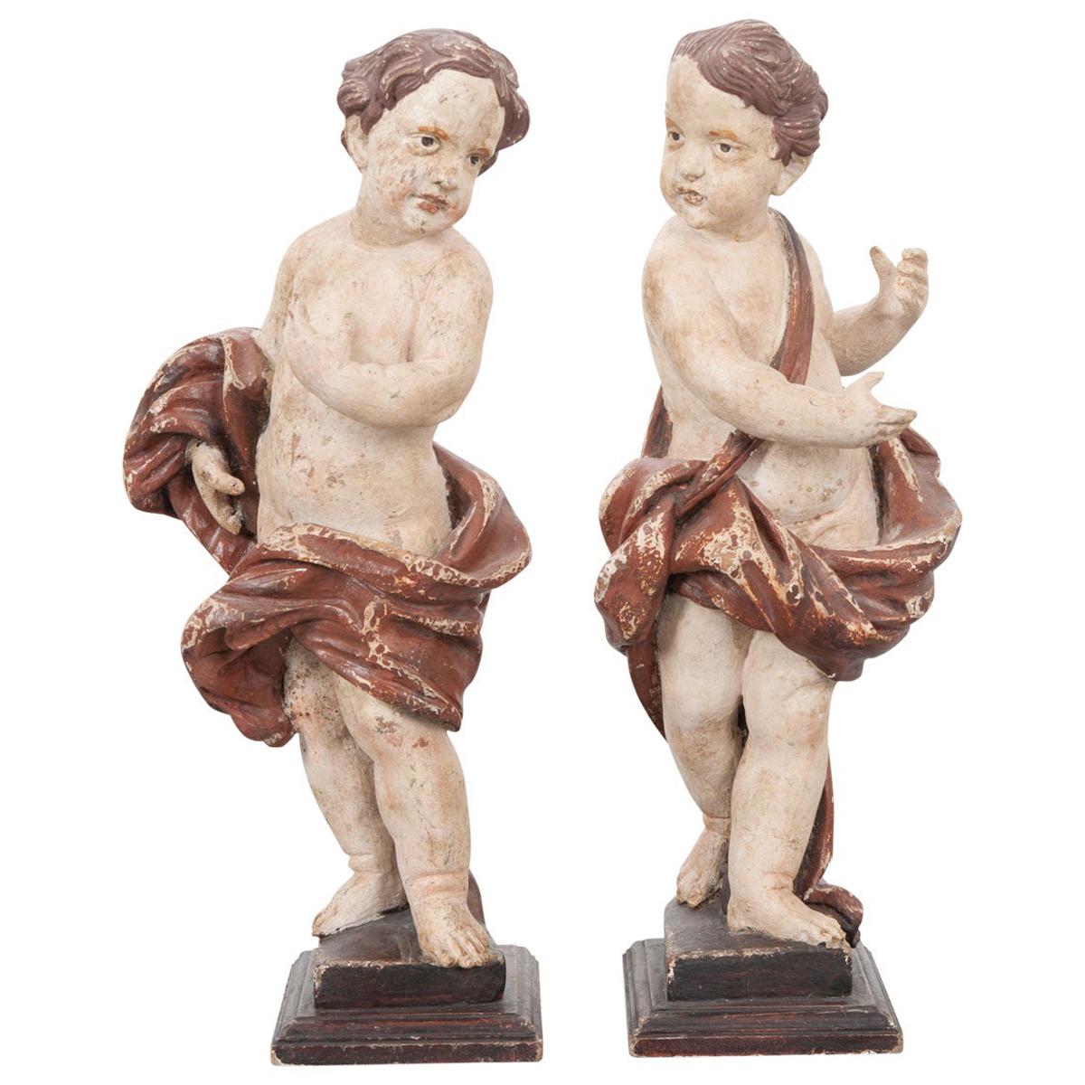 Pair of 19th Century Italian Hand Painted Putti Statues