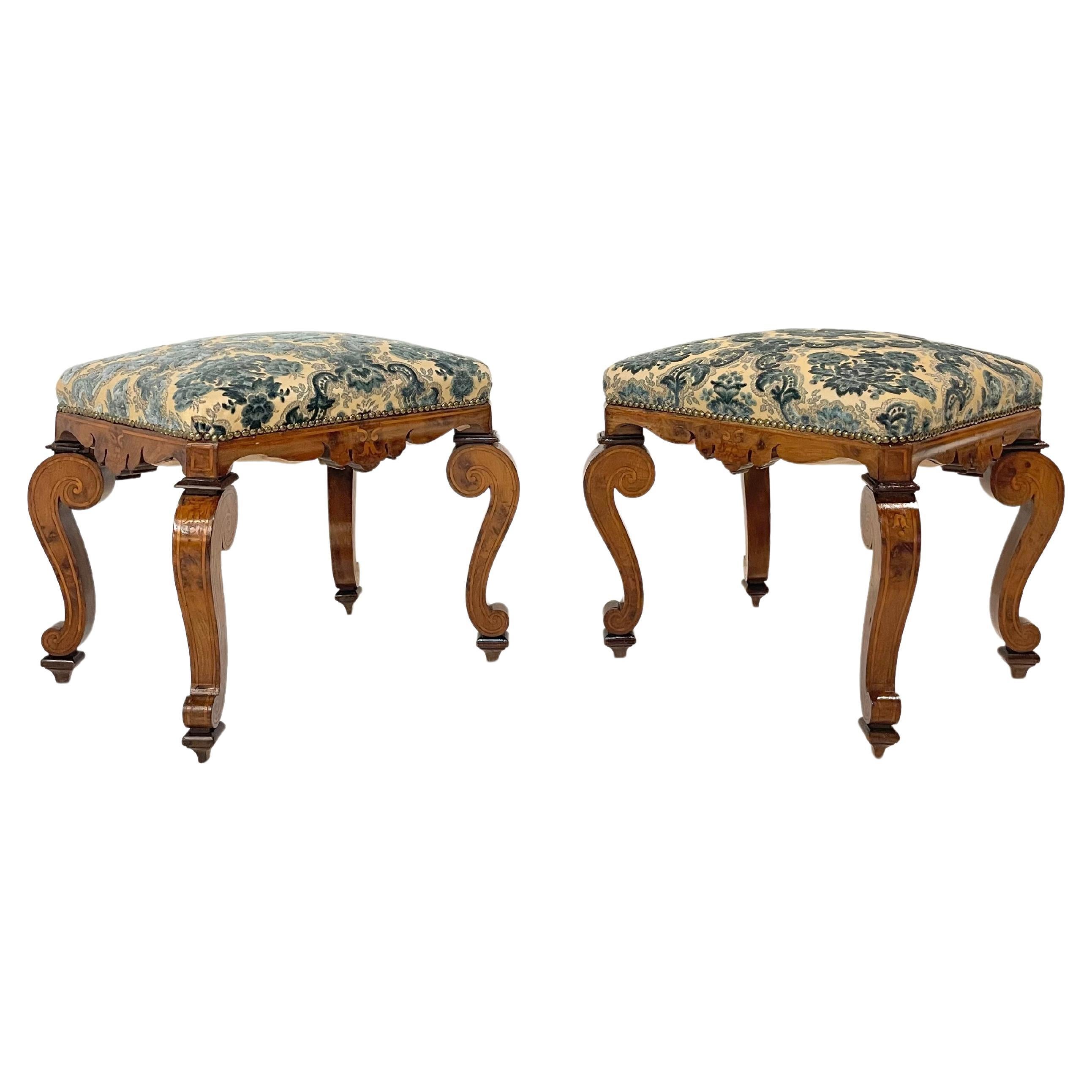 Pair of 19th Century Italian Inlaid Walnut Stools