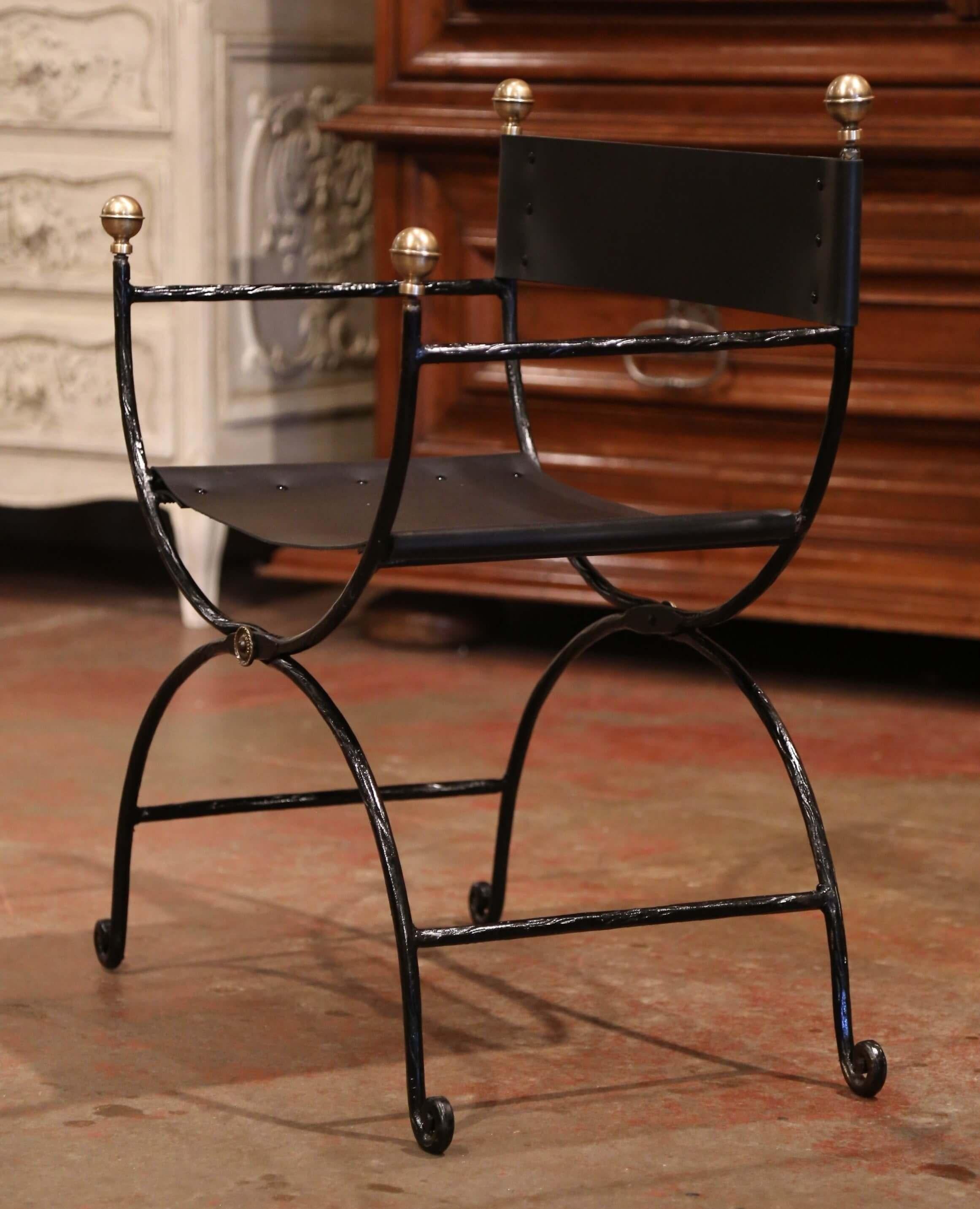 Bronze Pair of 19th Century Italian Iron and Black Leather Folding Campaign Chairs