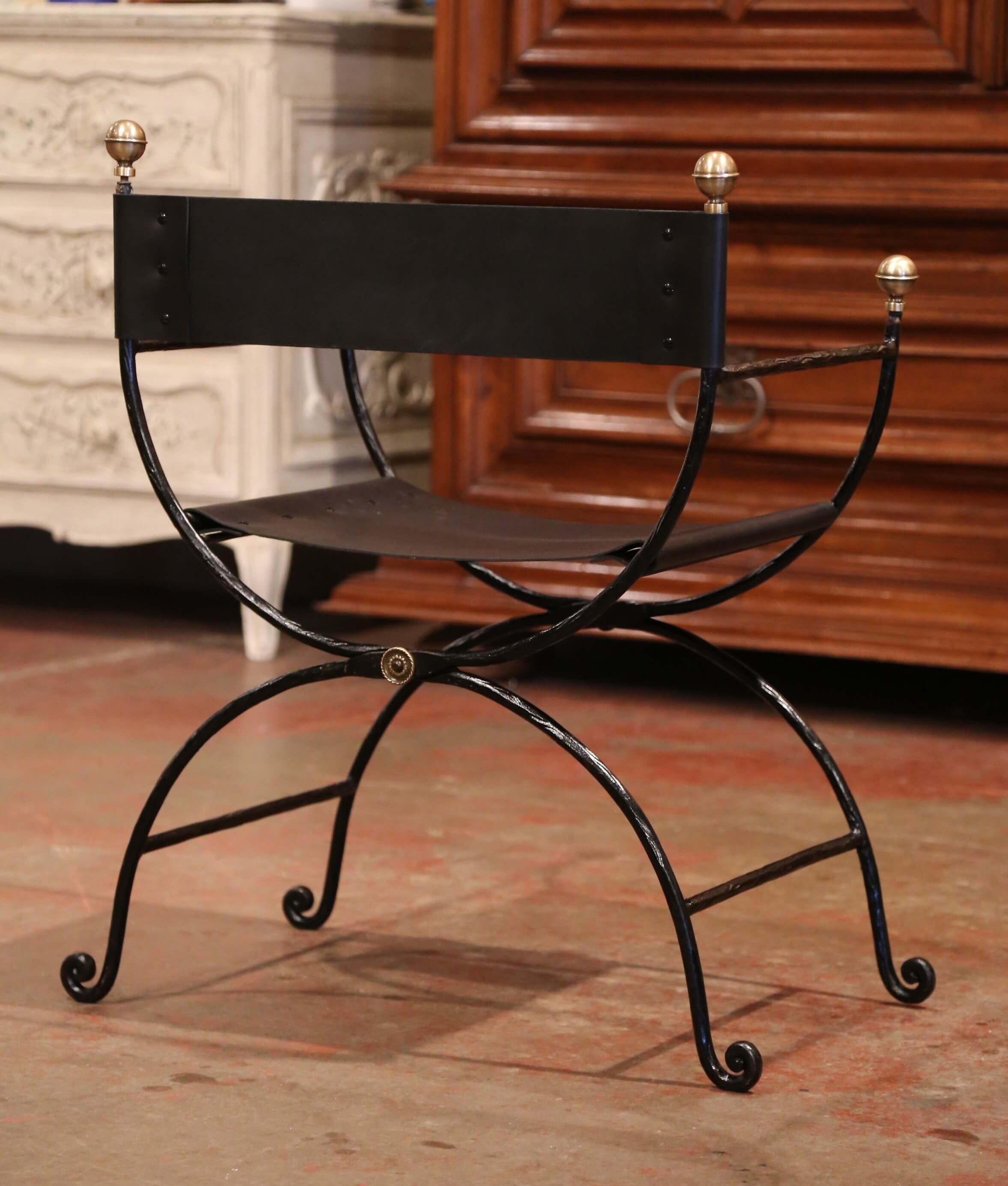 Pair of 19th Century Italian Iron and Black Leather Folding Campaign Chairs 2