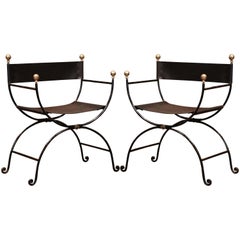 Pair of 19th Century Italian Iron and Black Leather Folding Campaign Chairs