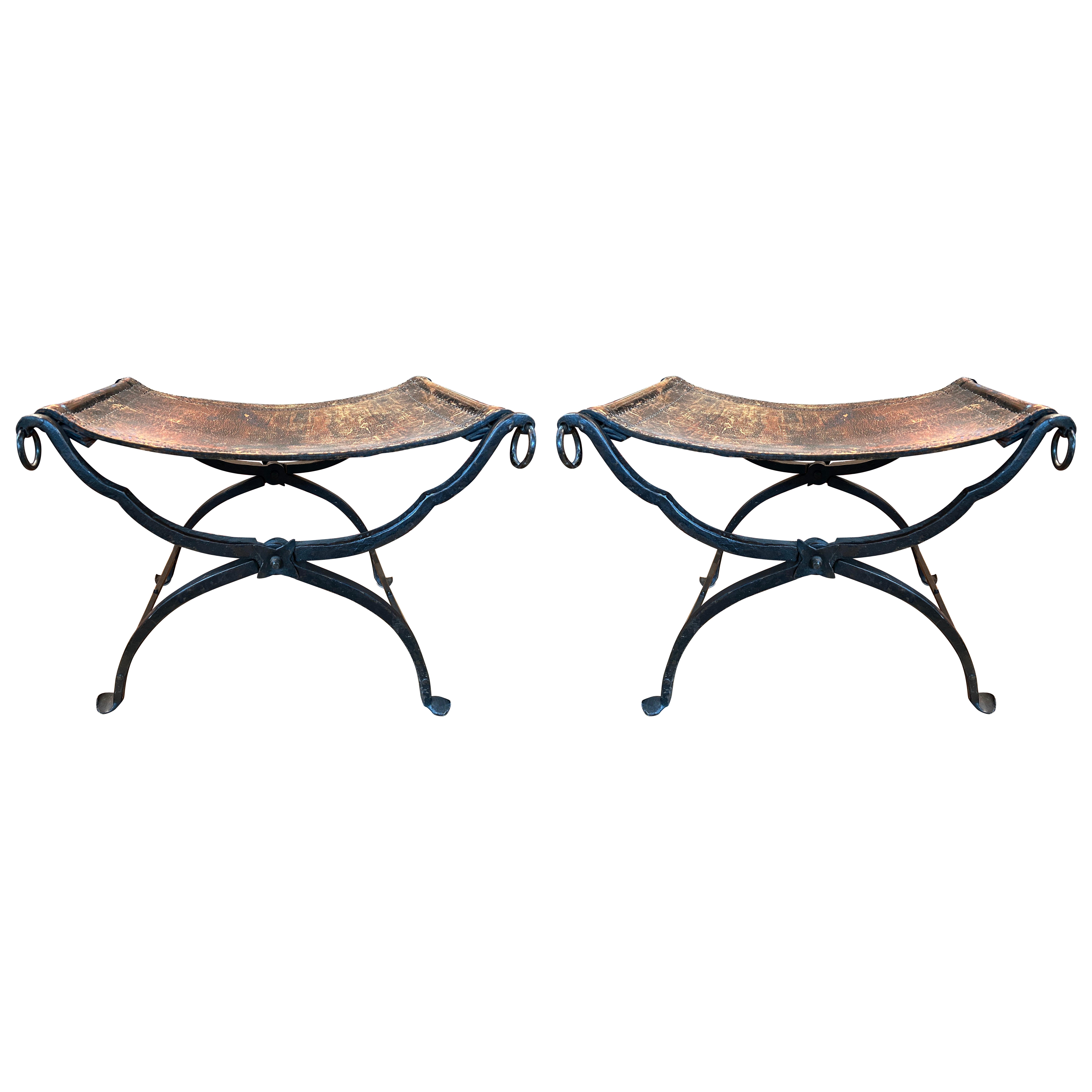 Pair Of 19th Century Italian Iron And Leather Benches