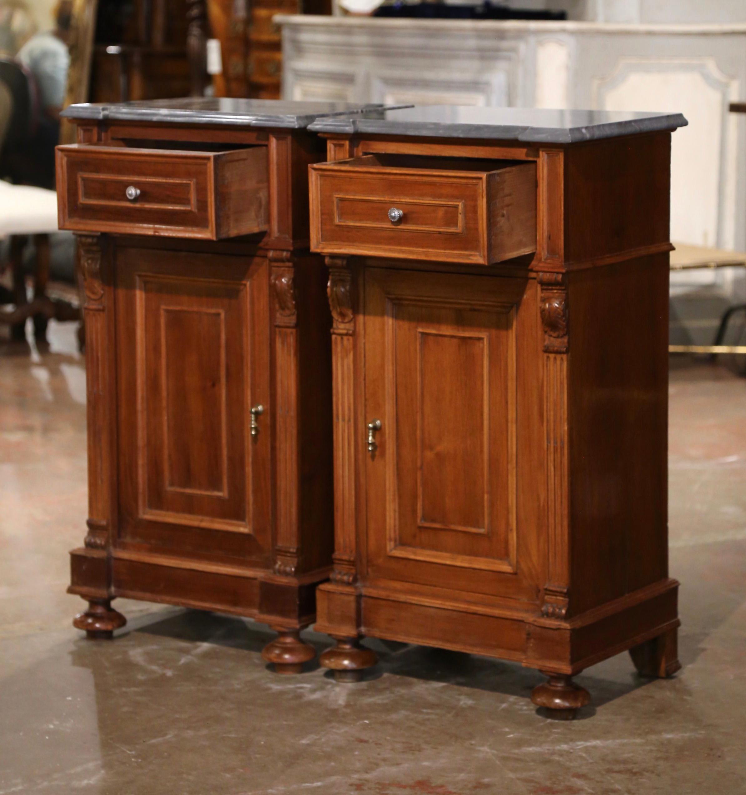 Pair of 19th Century Italian Louis Philippe Grey Marble Top Walnut Nightstands For Sale 2