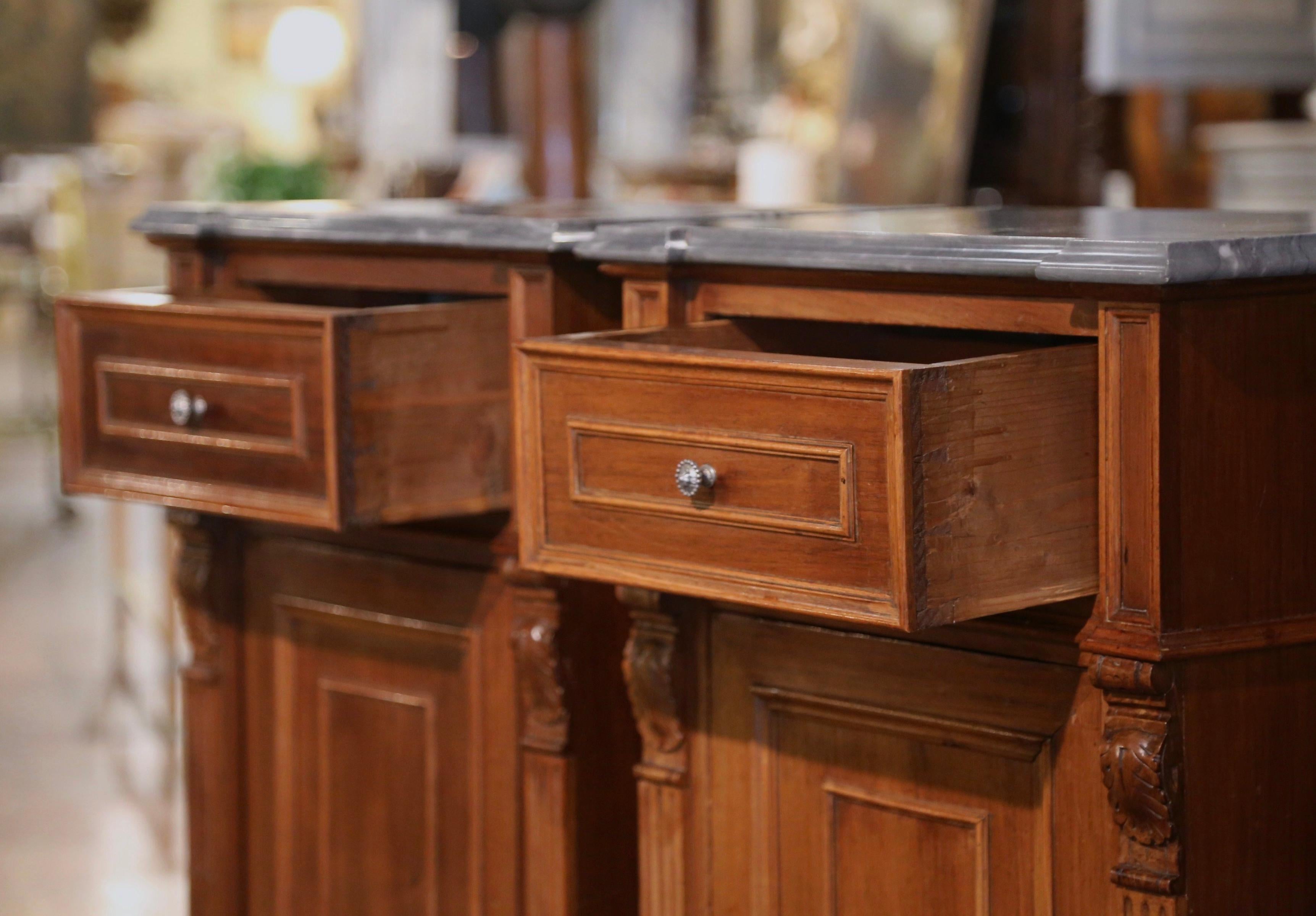 Pair of 19th Century Italian Louis Philippe Grey Marble Top Walnut Nightstands For Sale 3