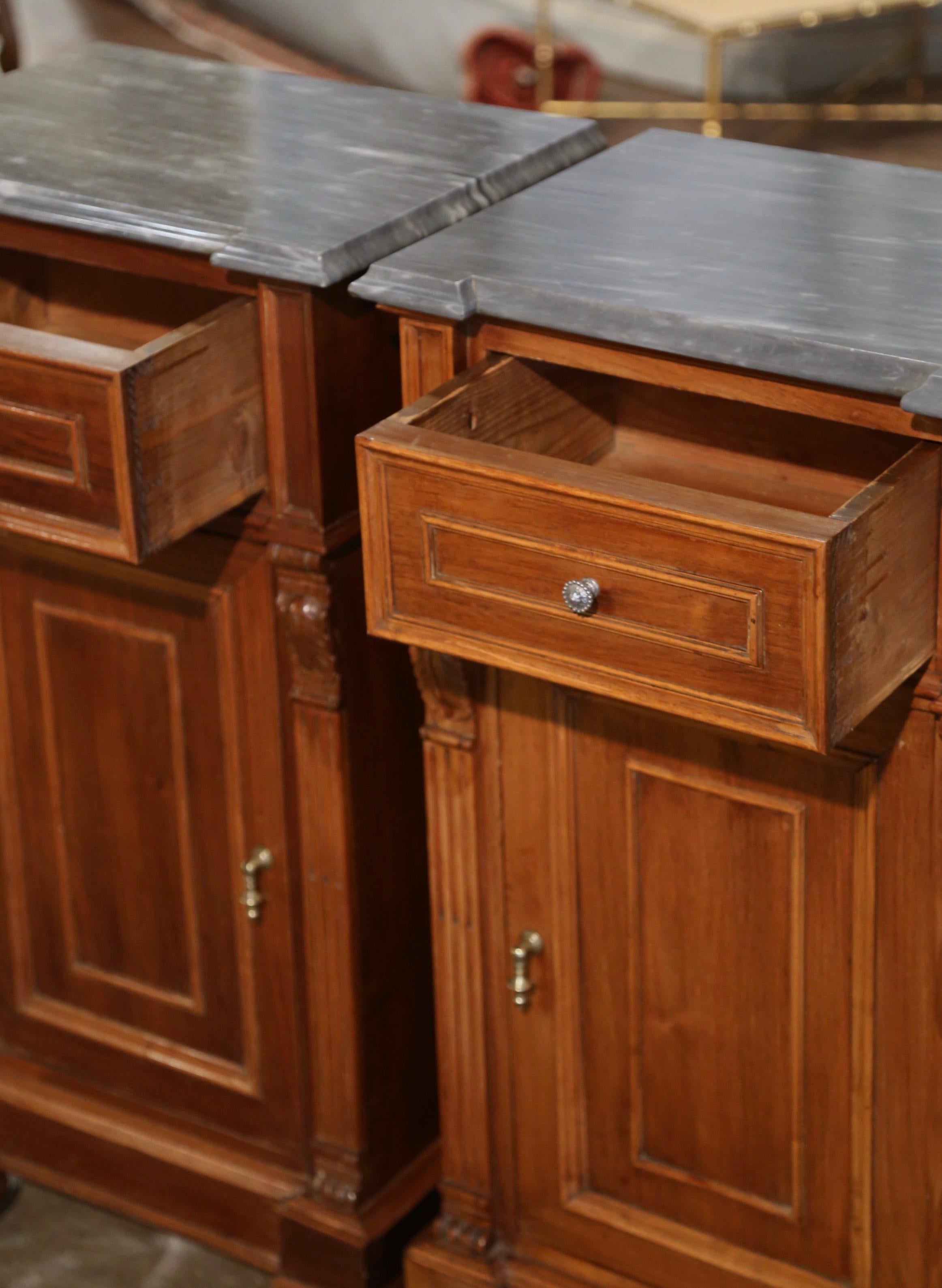 Pair of 19th Century Italian Louis Philippe Grey Marble Top Walnut Nightstands For Sale 4
