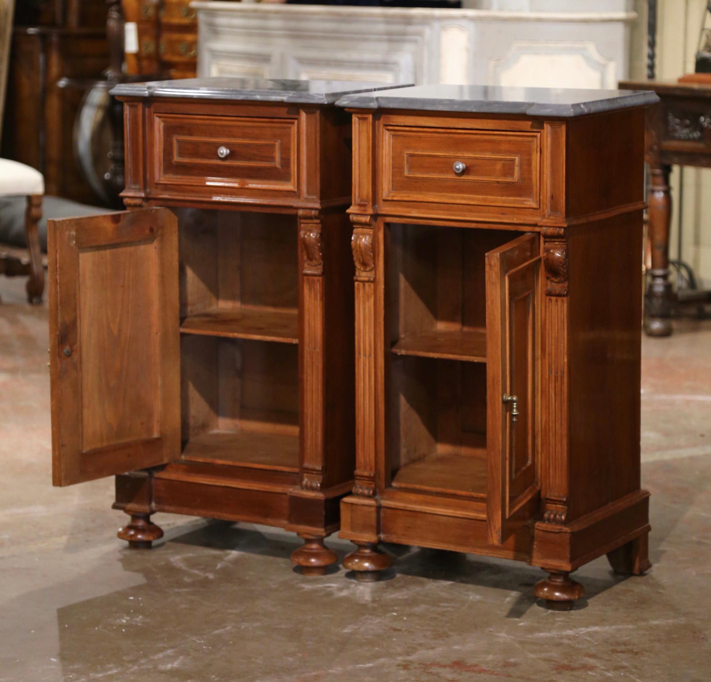 Pair of 19th Century Italian Louis Philippe Grey Marble Top Walnut Nightstands For Sale 5
