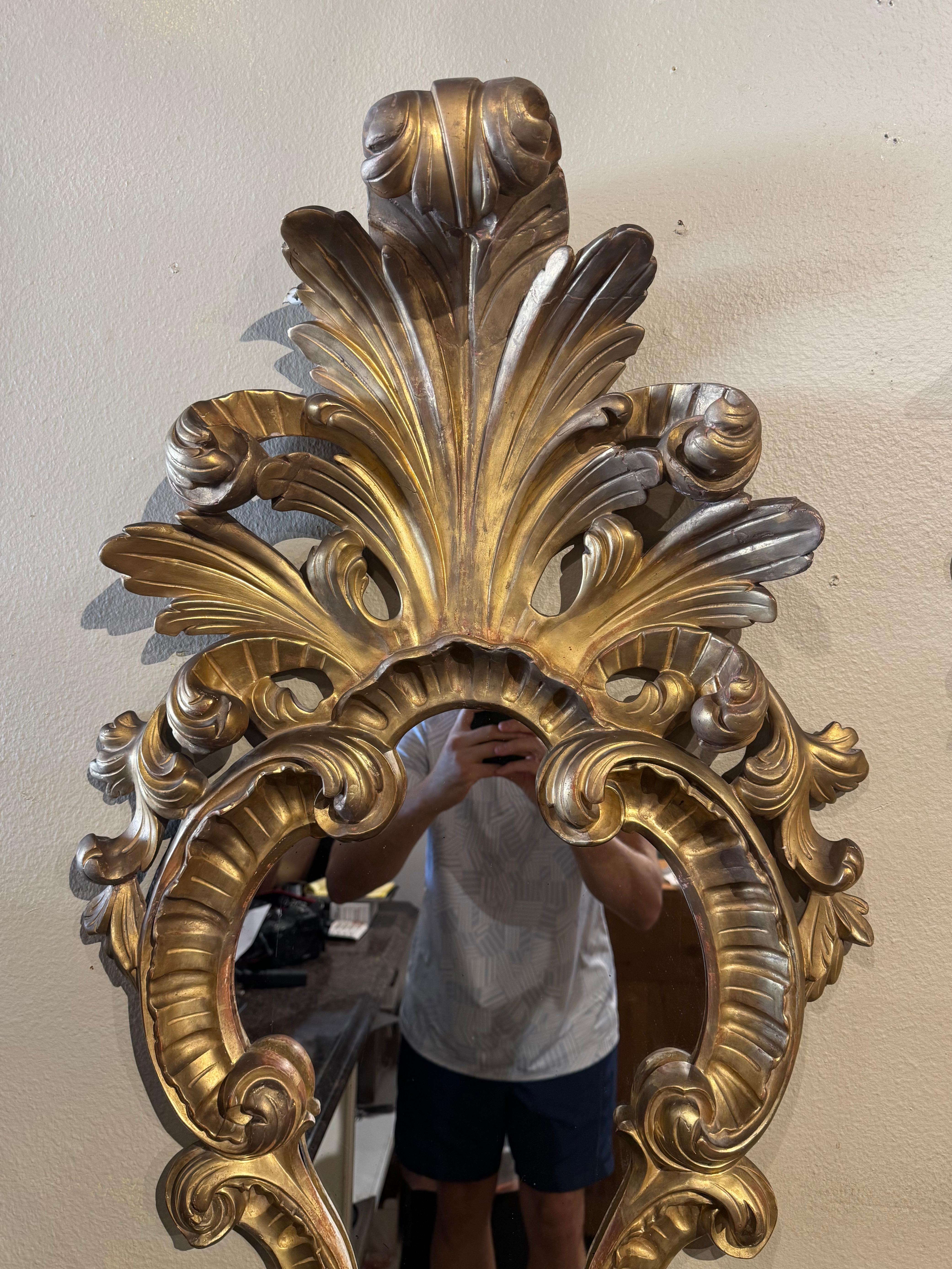 Paar italienische Louis XV-Wandspiegel aus geschnitztem Giltwood mit Blattwerk aus dem 19. (Italienisch) im Angebot