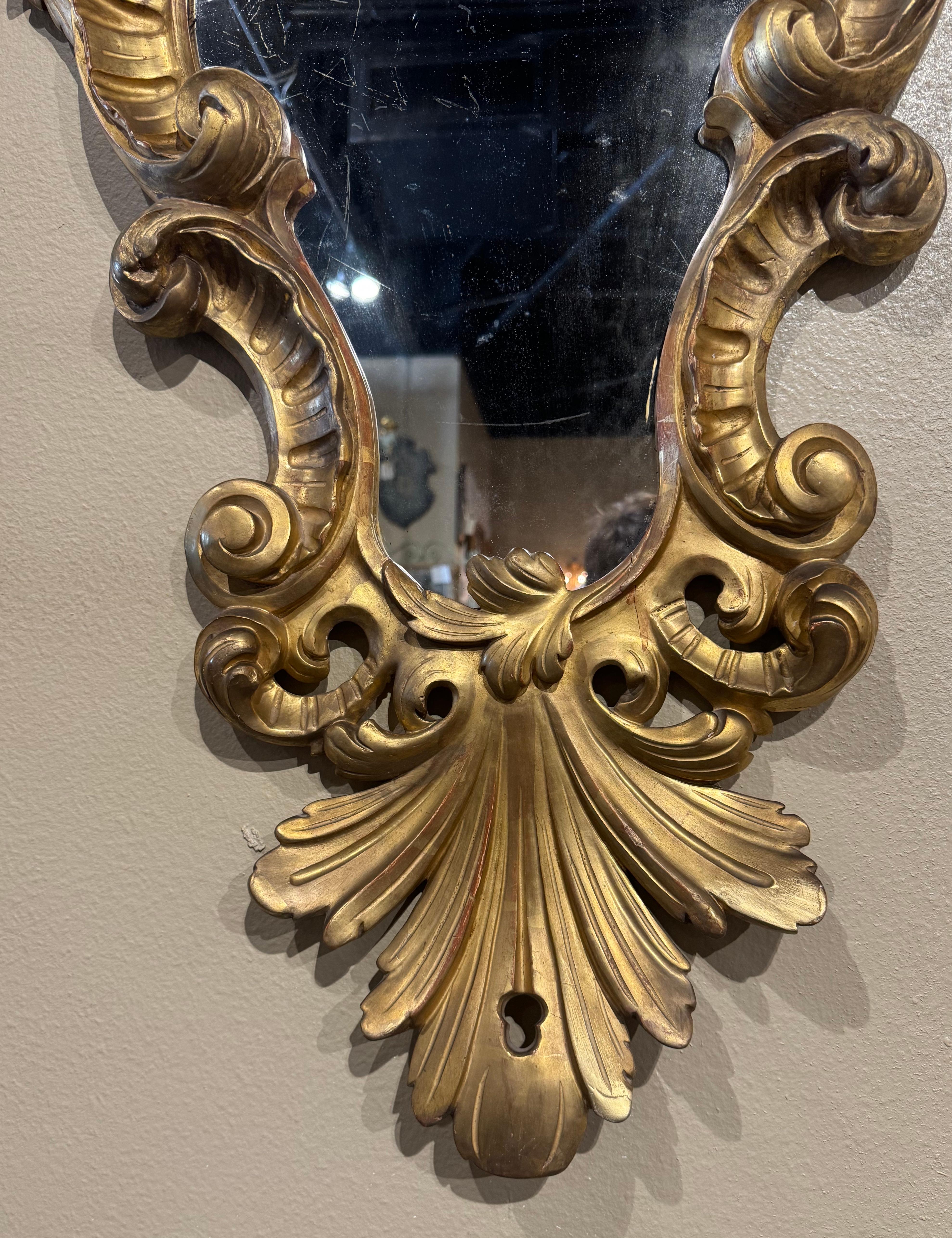 Paar italienische Louis XV-Wandspiegel aus geschnitztem Giltwood mit Blattwerk aus dem 19. (Handgeschnitzt) im Angebot
