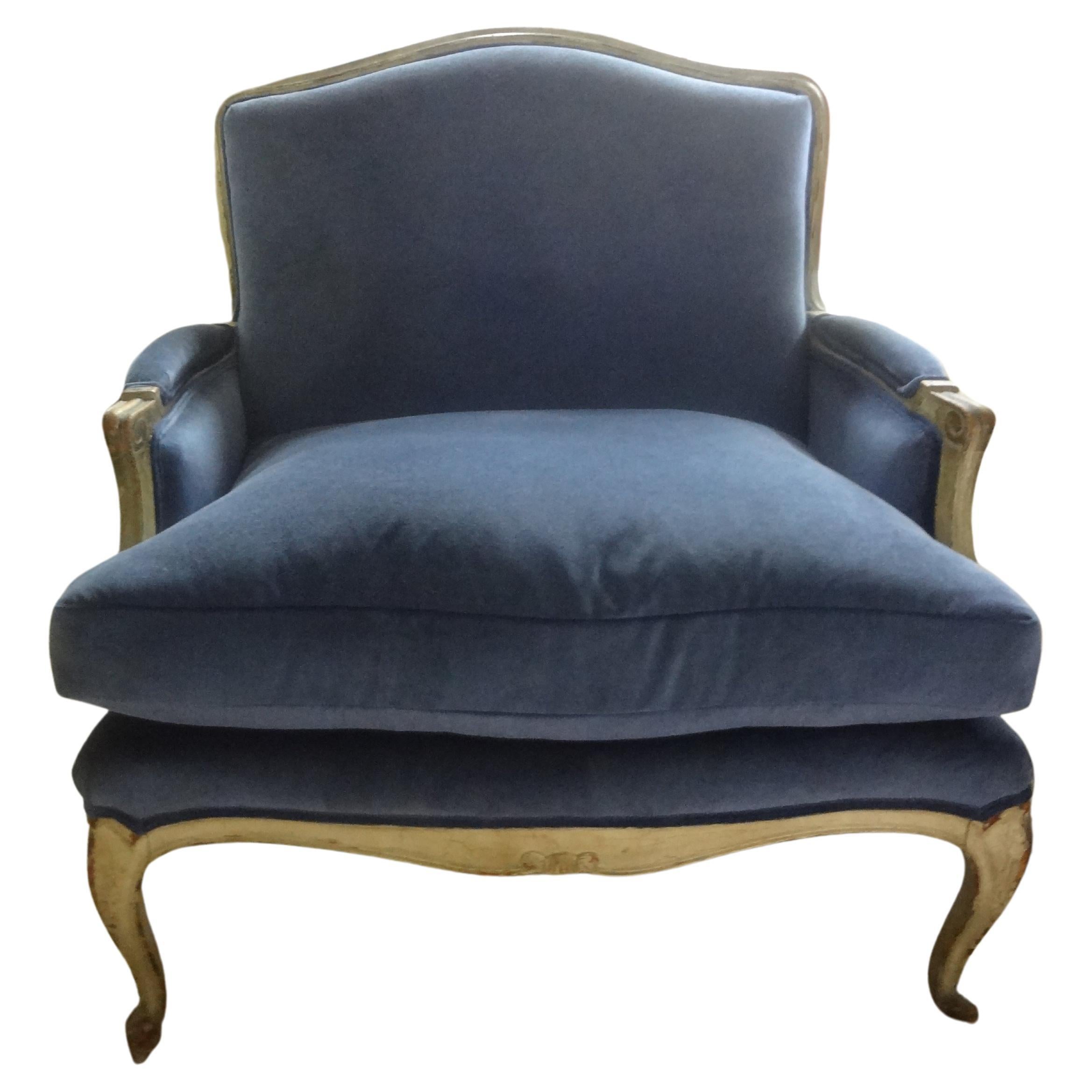 Pair of 19th century Italian Louis XV-XVI Style Painted Marquise. Marquises are oversized bergeres, loveseats or large chairs. This stunning pair of matching Italian Louis XVI style painted marquises or bergère chairs have been professionally