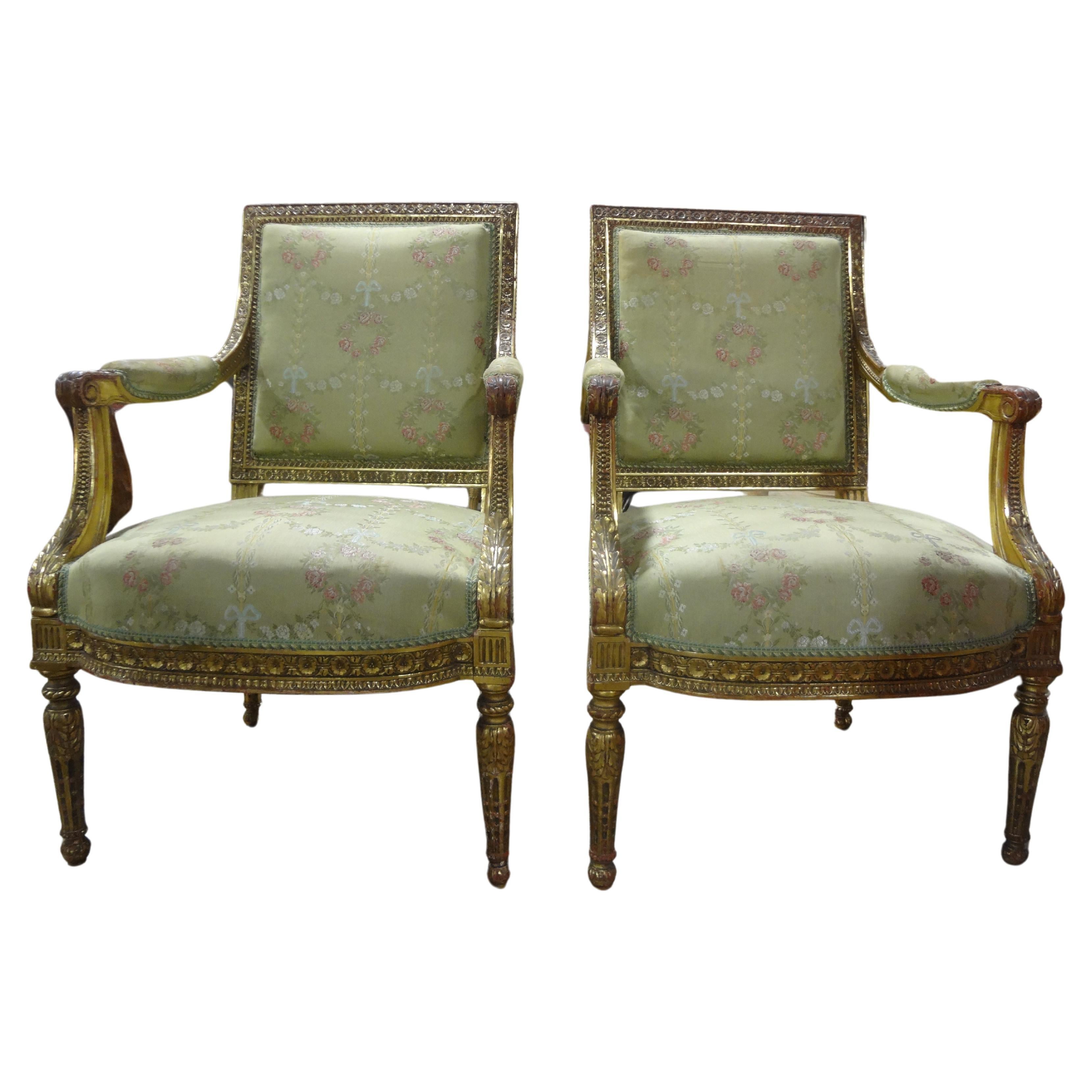 Pair Of 19th Century Italian Louis XVI Style Giltwood Chairs For Sale 7