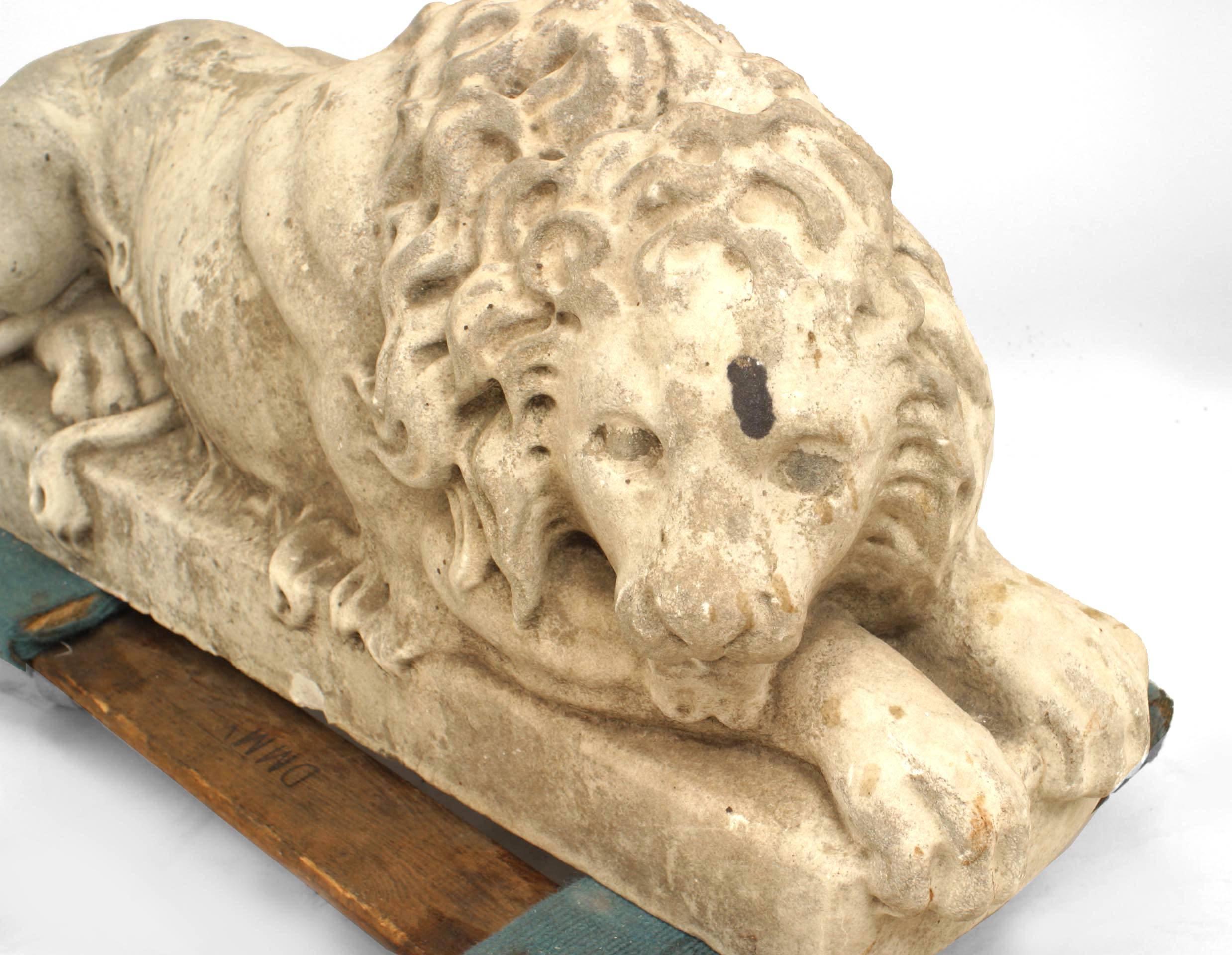 Italian Pair of Outdoor White Marble Lion Statuaries For Sale