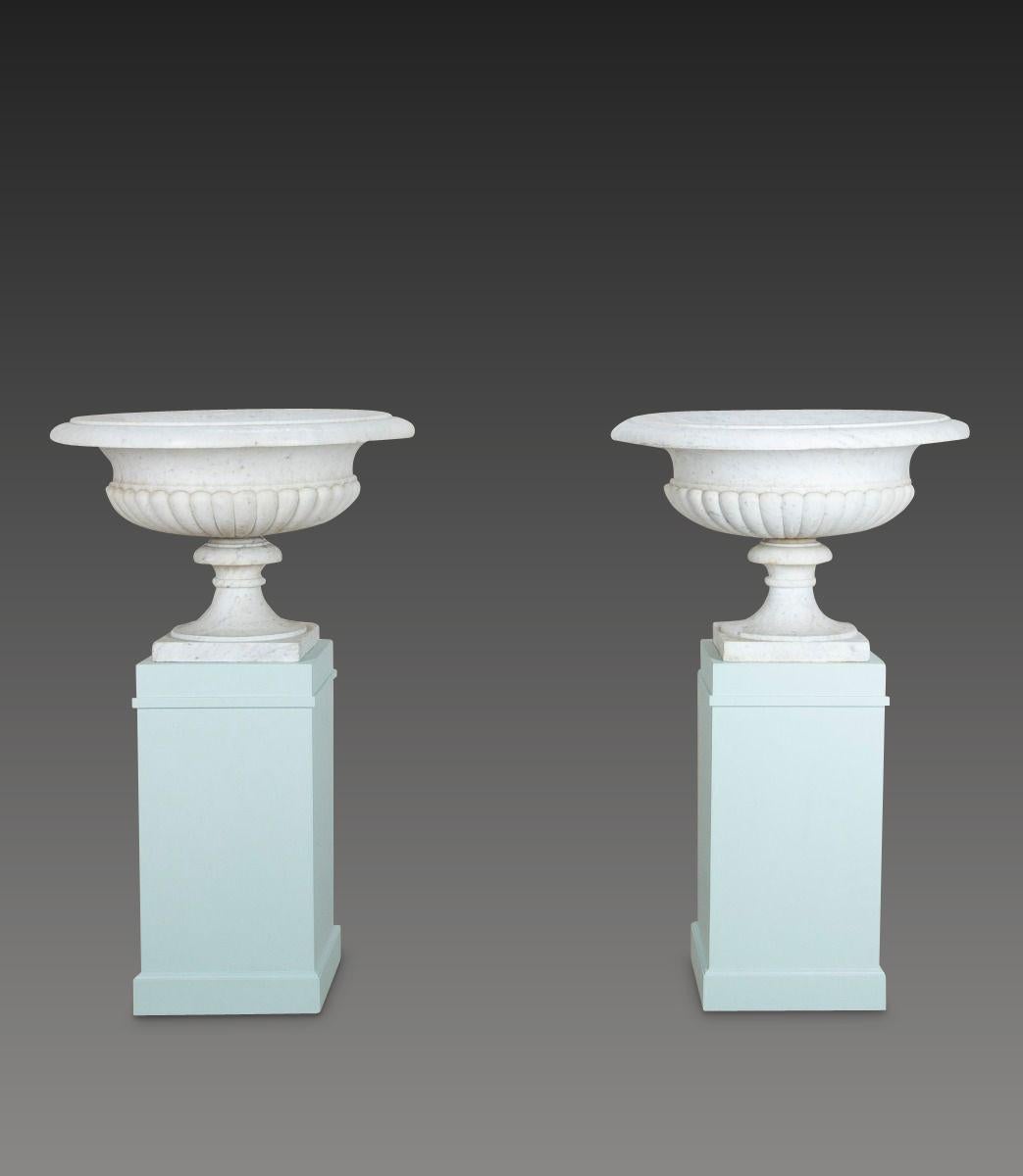 A grand pair of early 19th Century ‘Grand Tour’ carved Carrara marble Tazza in the neo-classical manner. The flared rims with moulded edges above gadrooned waists and raised on swept socle bases with square plinths. Circa 1820. A rare article in