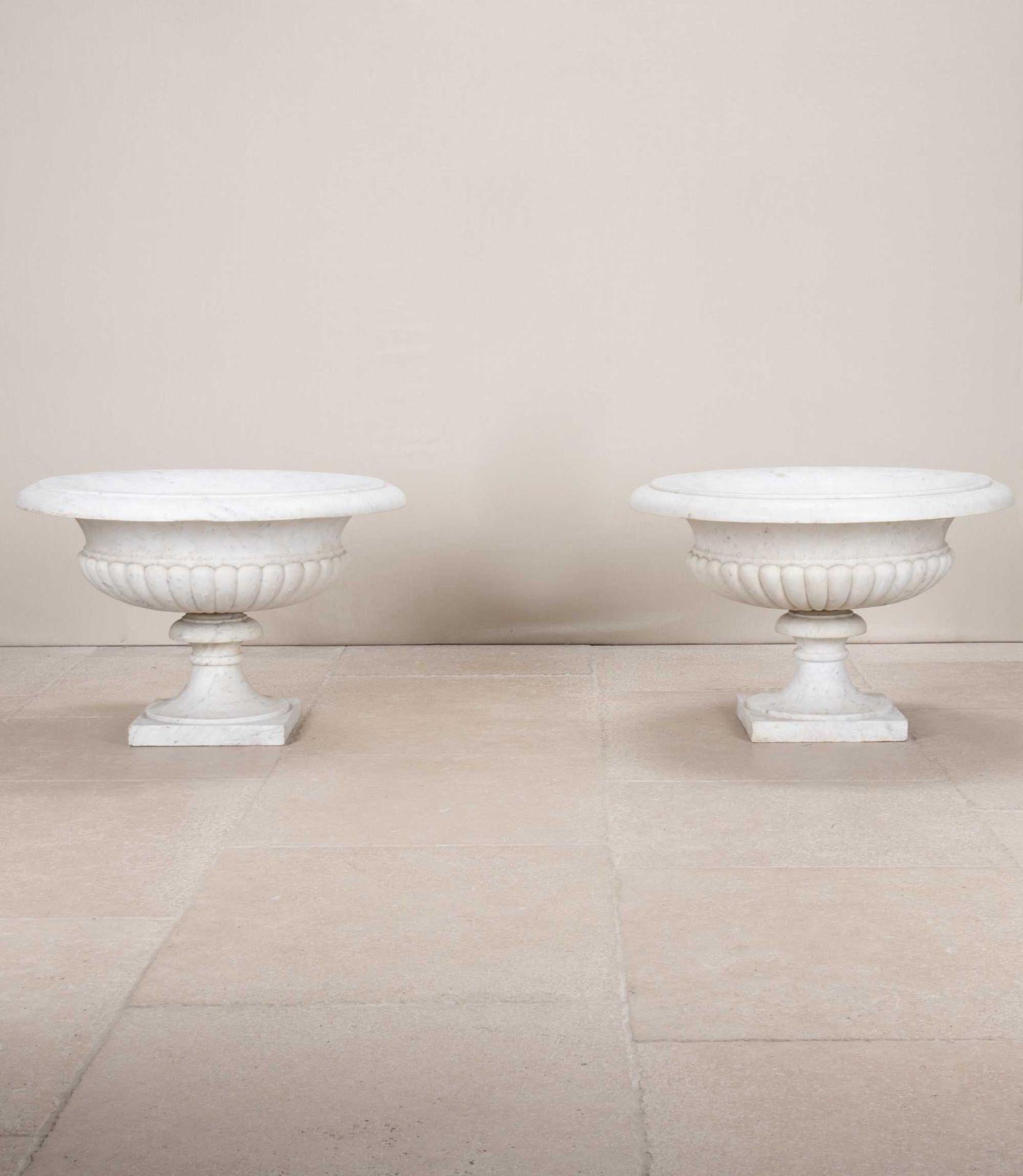A grand pair of early 19th Century ‘Grand Tour’ carved Carrara marble tazza in the Neo-Classical manner. The flared rims with moulded edges above gadrooned waists and raised on swept socle bases with square plinths. Circa 1820. A rare article in