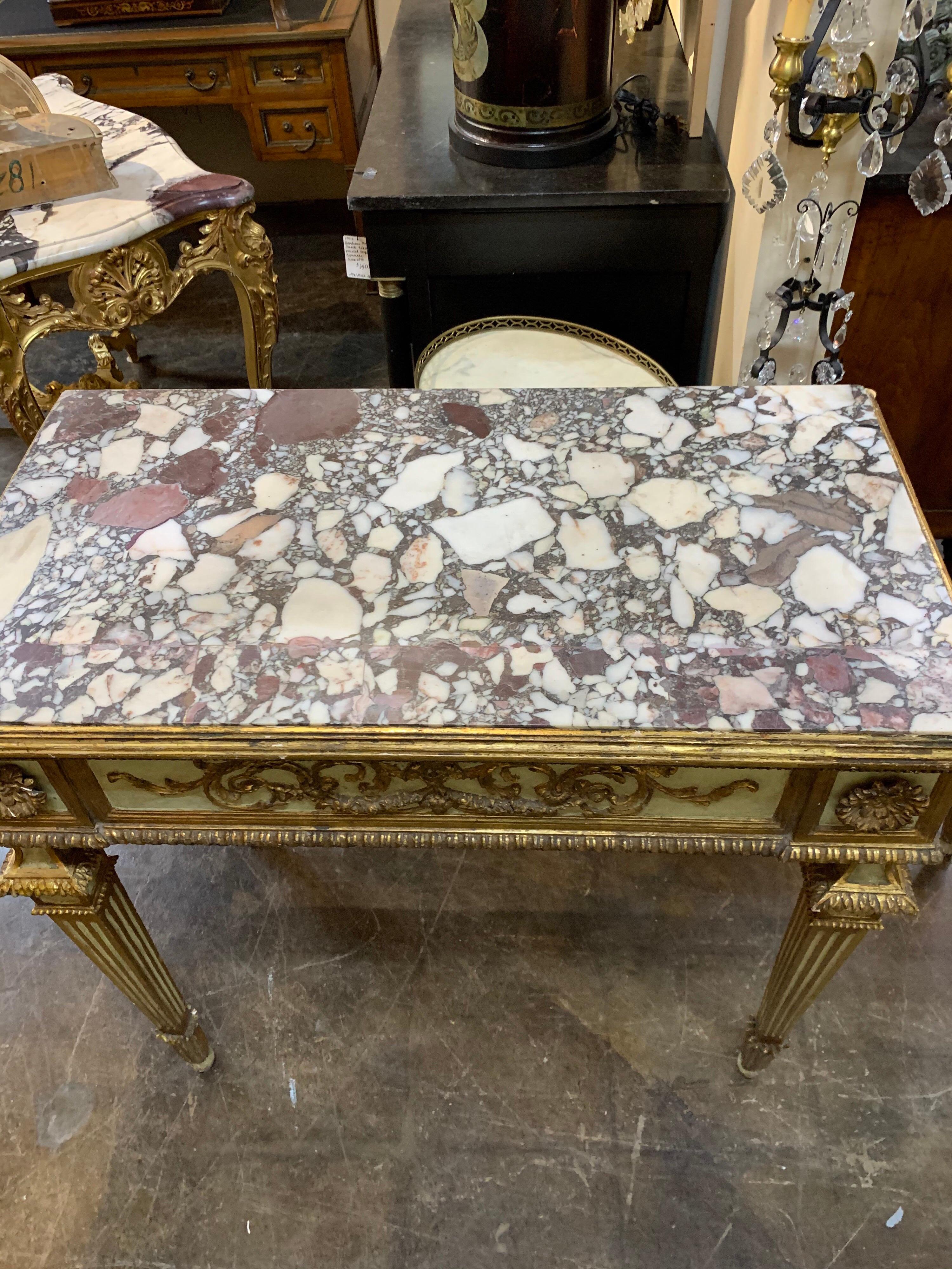 Breccia Marble Pair of 19th Century Italian Neoclassical Carved and Painted Consoles
