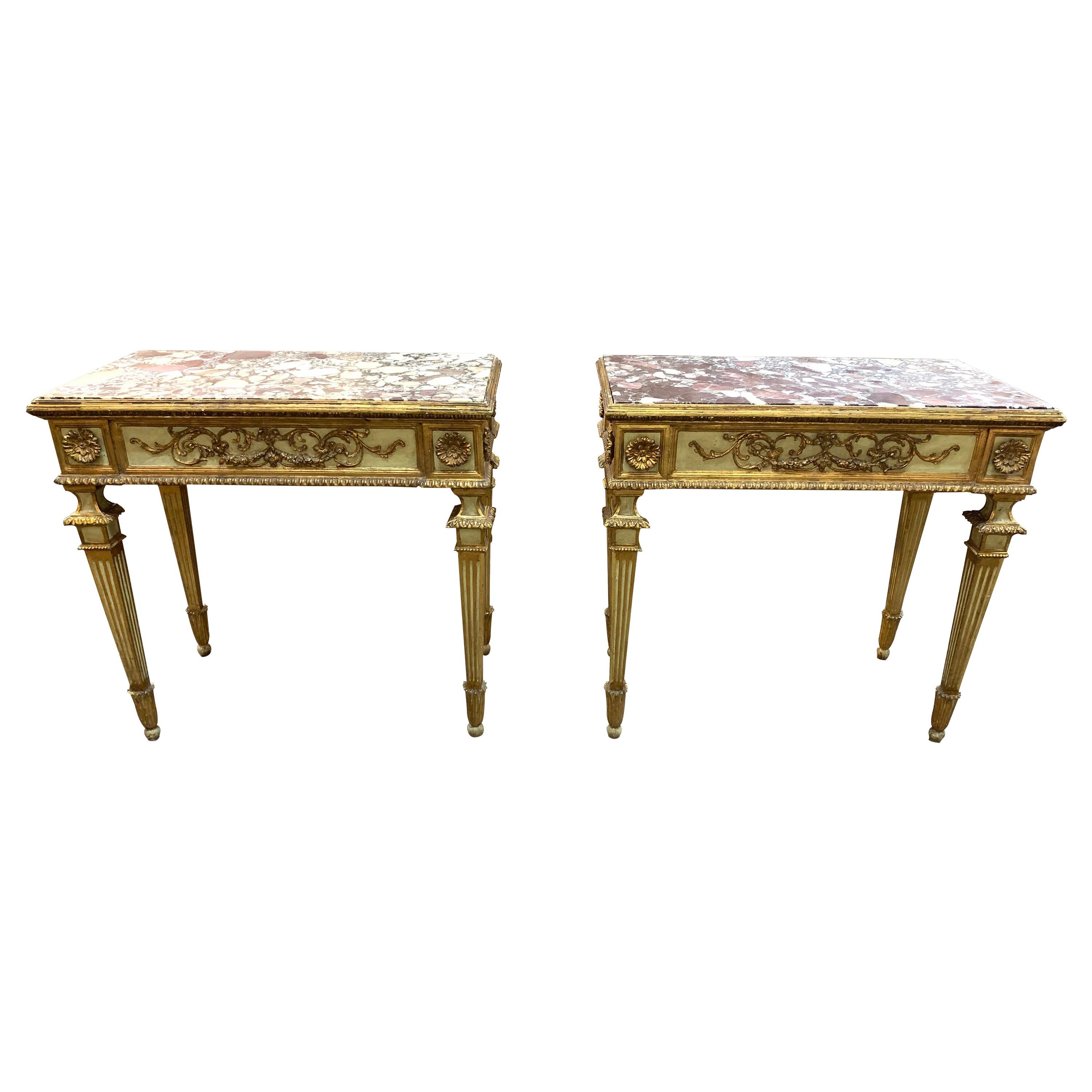 Pair of 19th Century Italian Neoclassical Carved and Painted Consoles