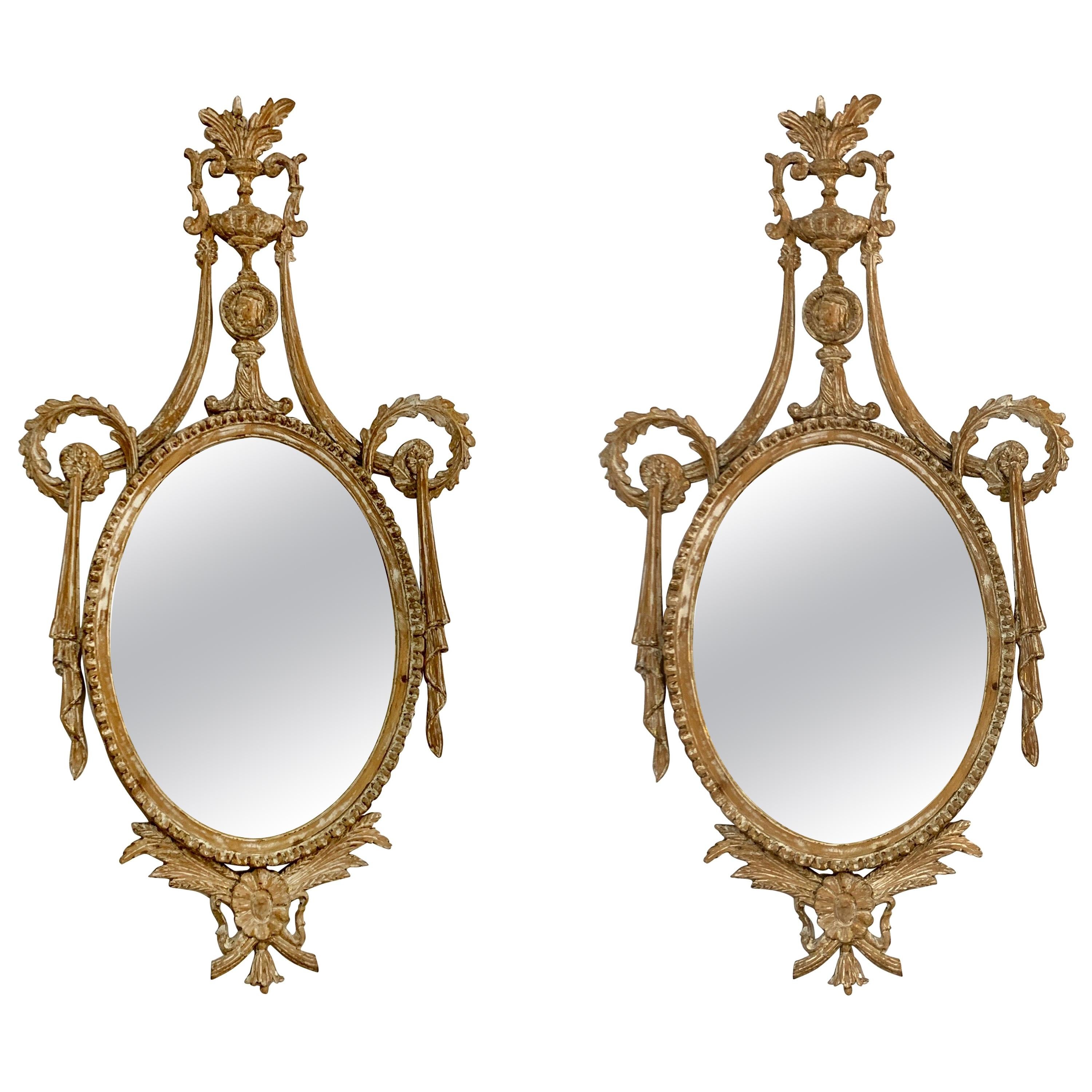 Pair of 19th Century Italian Neoclassical Carved and White Washed Mirrors