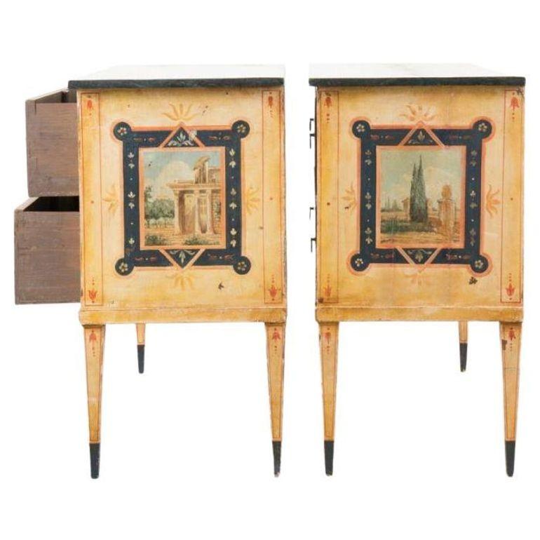 Polychromed Pair of 19th Century Italian Neoclassical Commodes For Sale