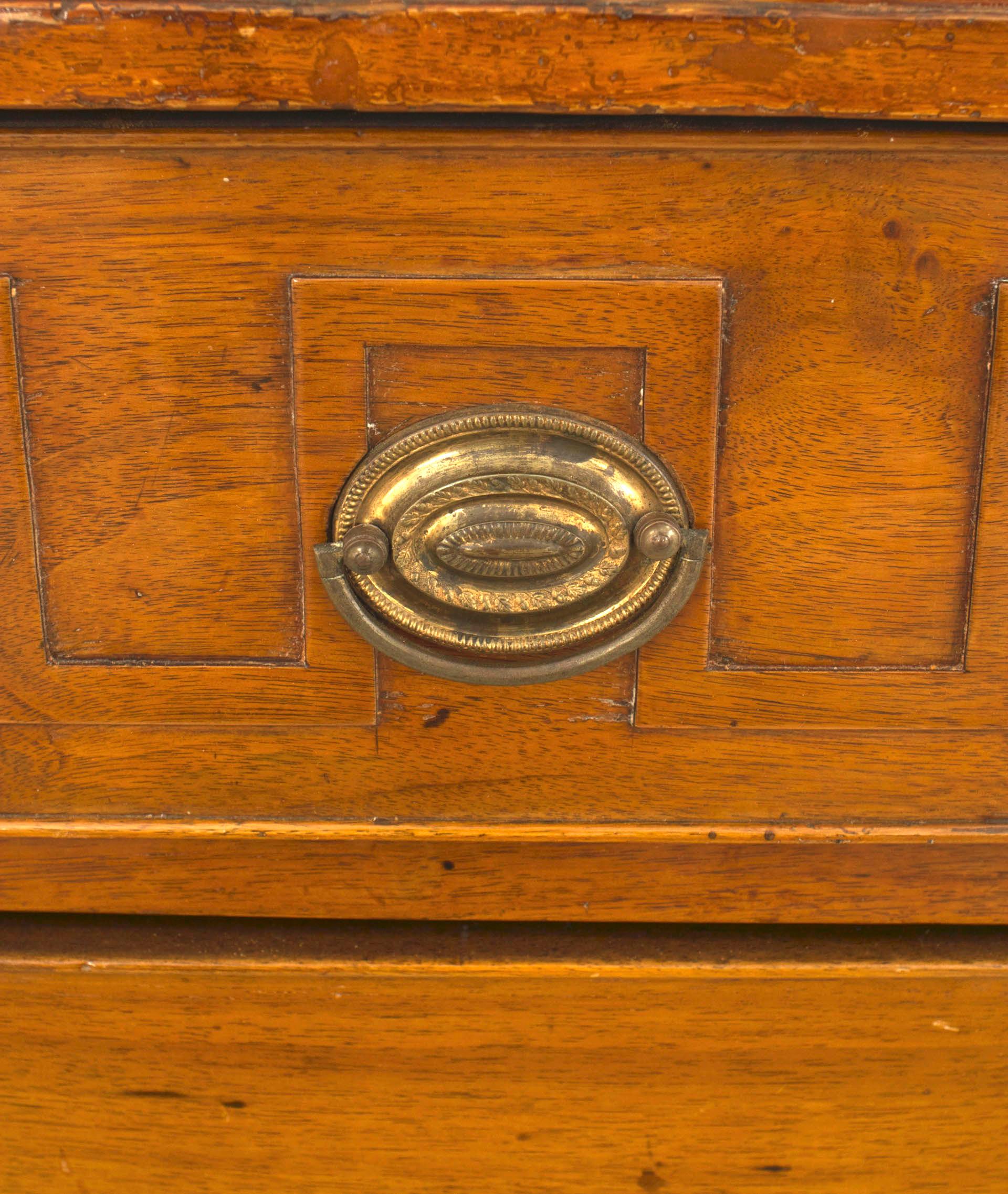 Pair of Italian Neo-classic (19th Century) fruitwood chests with 3 drawers and tapered fluted legs (PRICED AS Pair).
