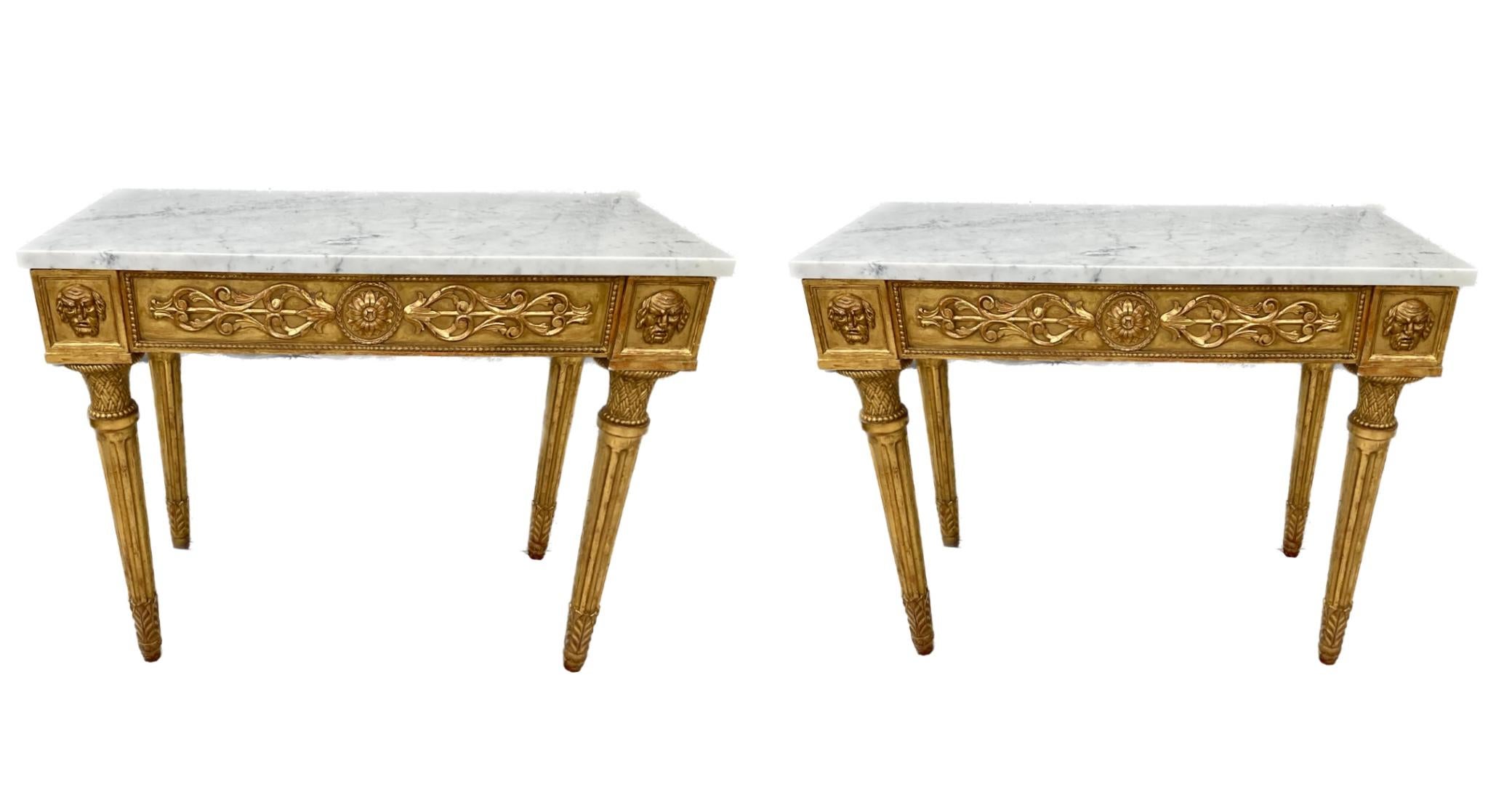 Pair Of 19th Century Italian Neoclassical Giltwood Console table With Marble Top For Sale 10