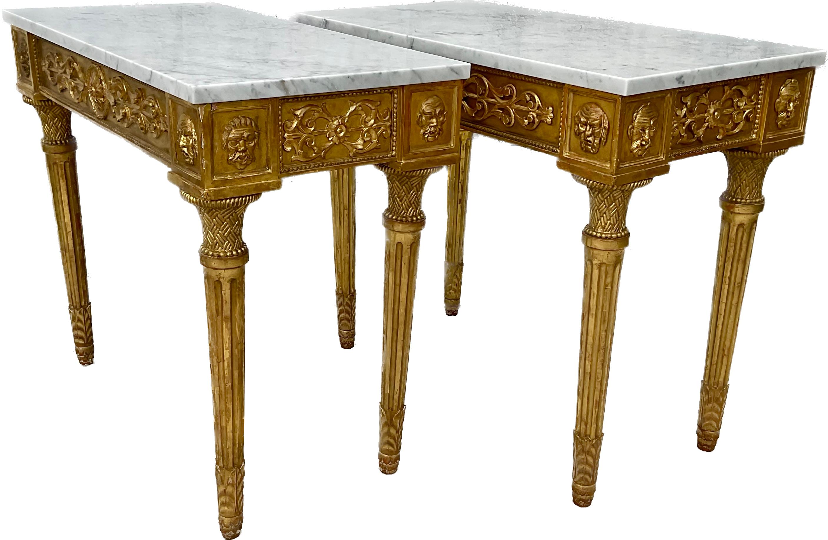 Pair Of 19th Century Italian Neoclassical Giltwood Console table With Marble Top In Good Condition For Sale In Bradenton, FL
