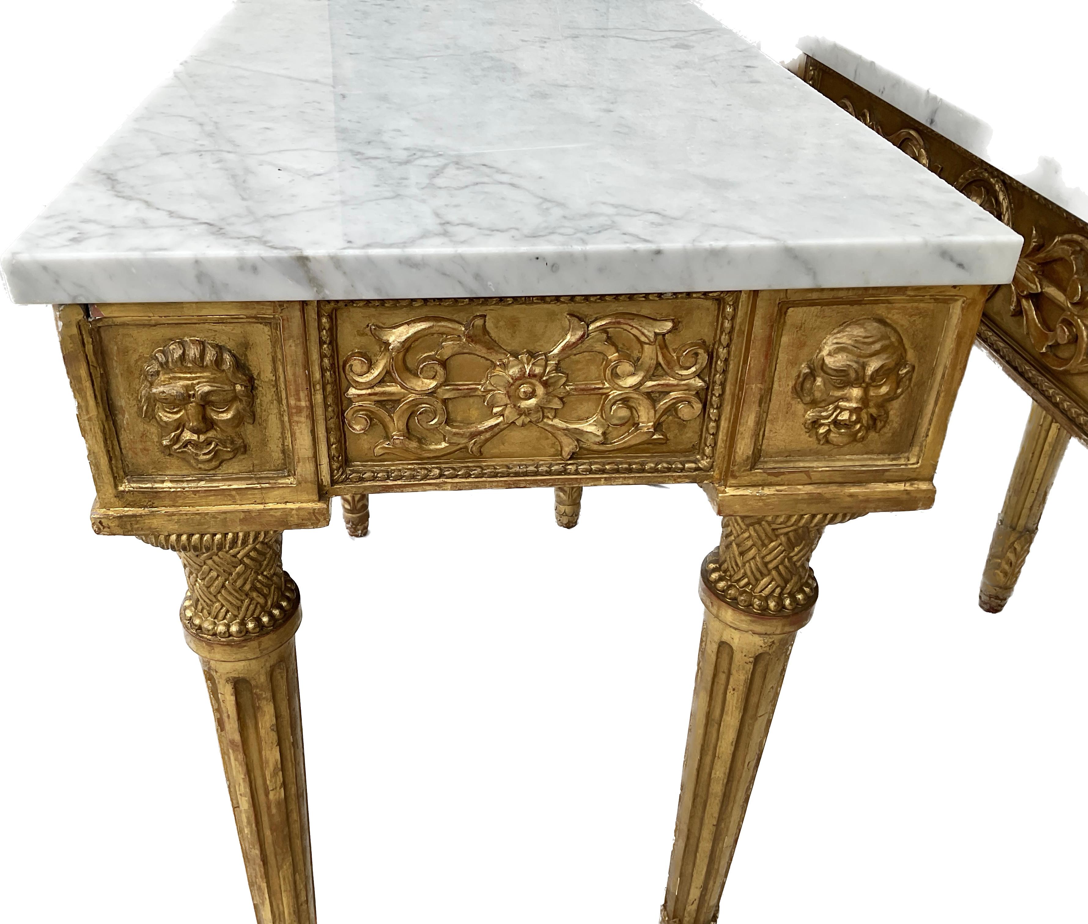 Pair Of 19th Century Italian Neoclassical Giltwood Console table With Marble Top For Sale 1