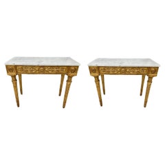 Antique Pair Of 19th Century Italian Neoclassical Giltwood Console table With Marble Top