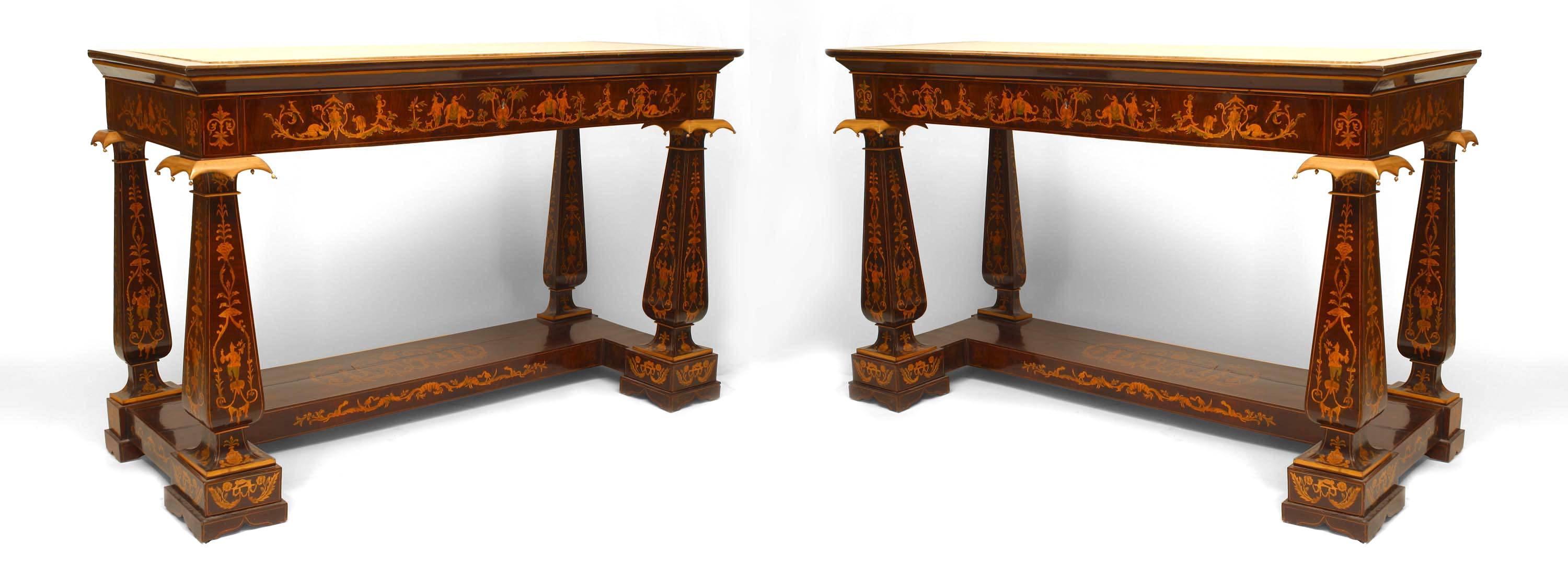 Pair of Italian Neo-classic (19th Century) rosewood & fruitwood Chinoiserie marquetry console tables with inset marble tops above a frieze drawer. (PRICED AS Pair)
