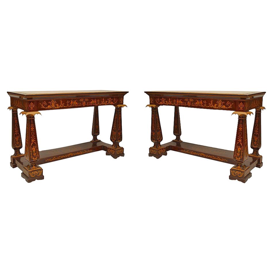 Pair of Italian Neo-Classic Rosewood Chinoiserie Console Tables For Sale