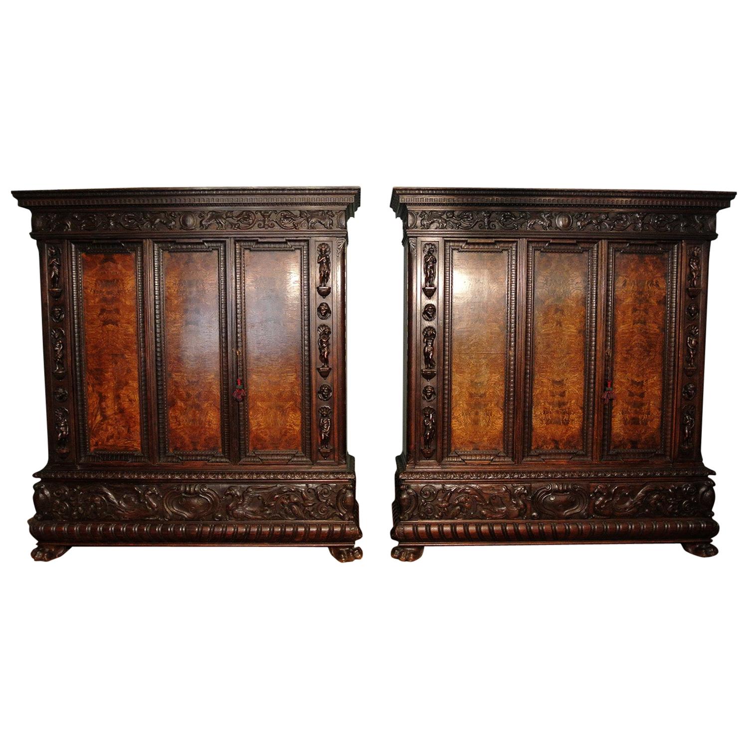 Pair of 19th Century Italian Oak and Walnut Armoires