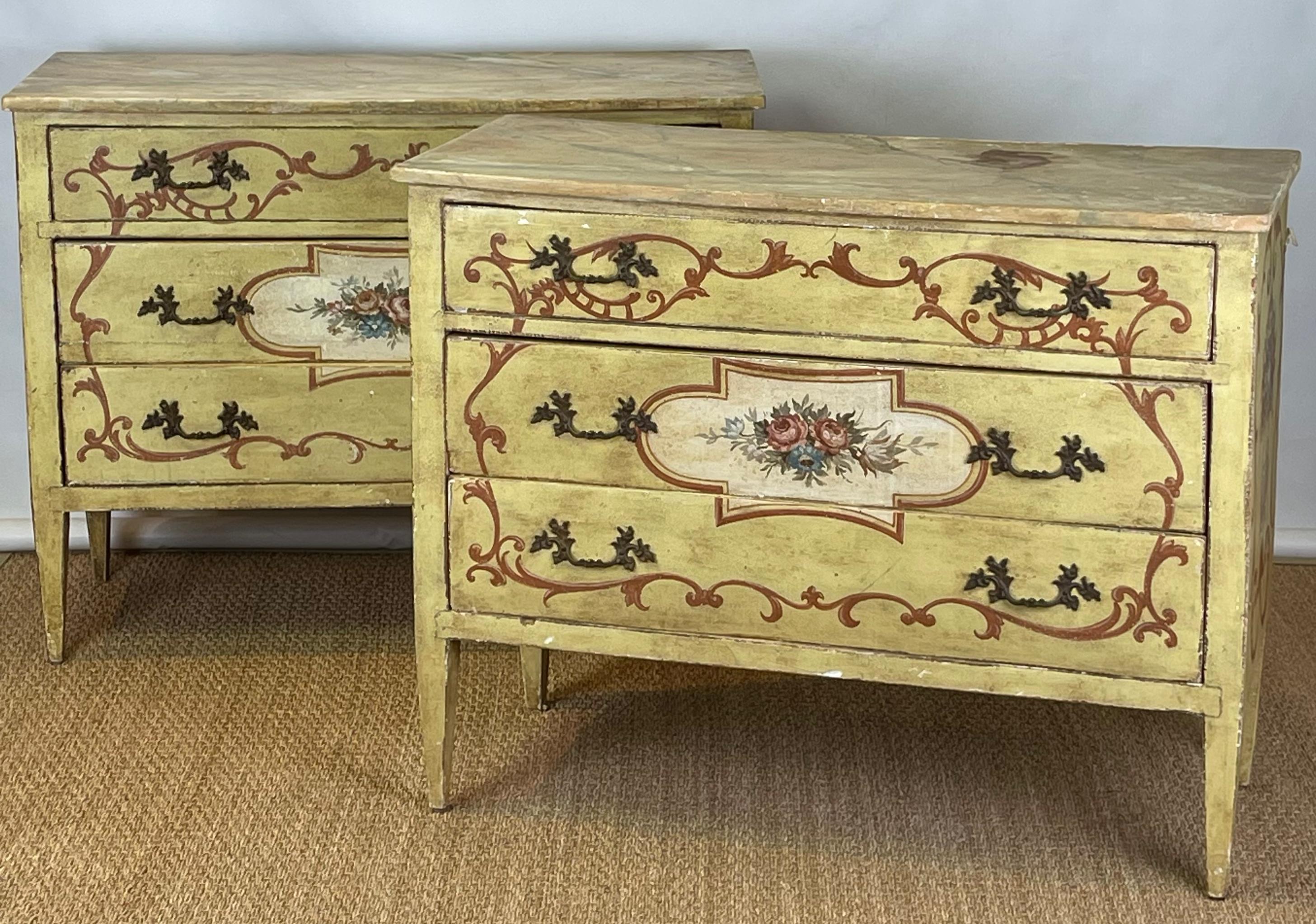 Neoclassical Pair of 19th Century Italian Paint Decorated Commodes or Chests For Sale
