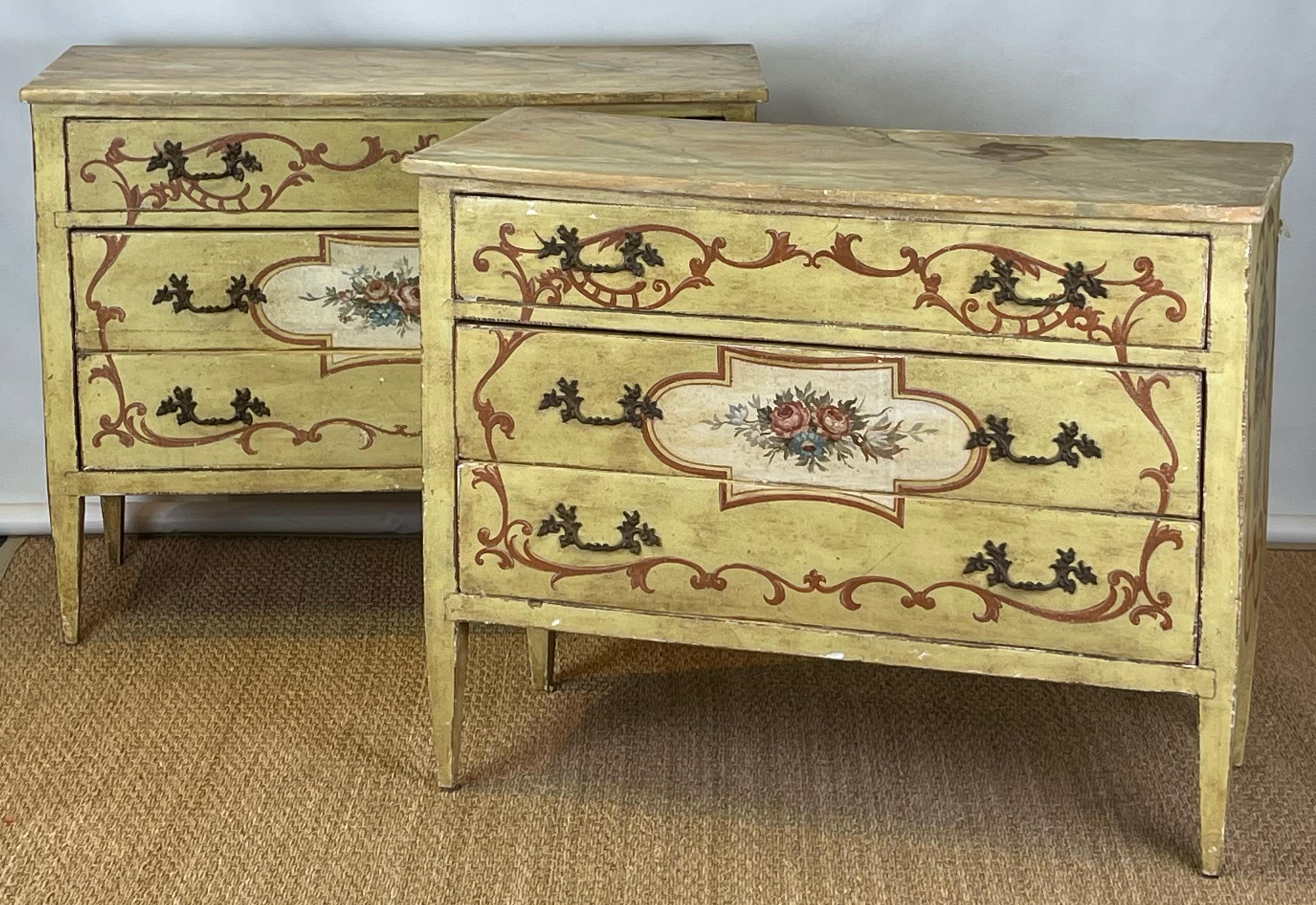 Hand-Crafted Pair of 19th Century Italian Paint Decorated Commodes or Chests For Sale