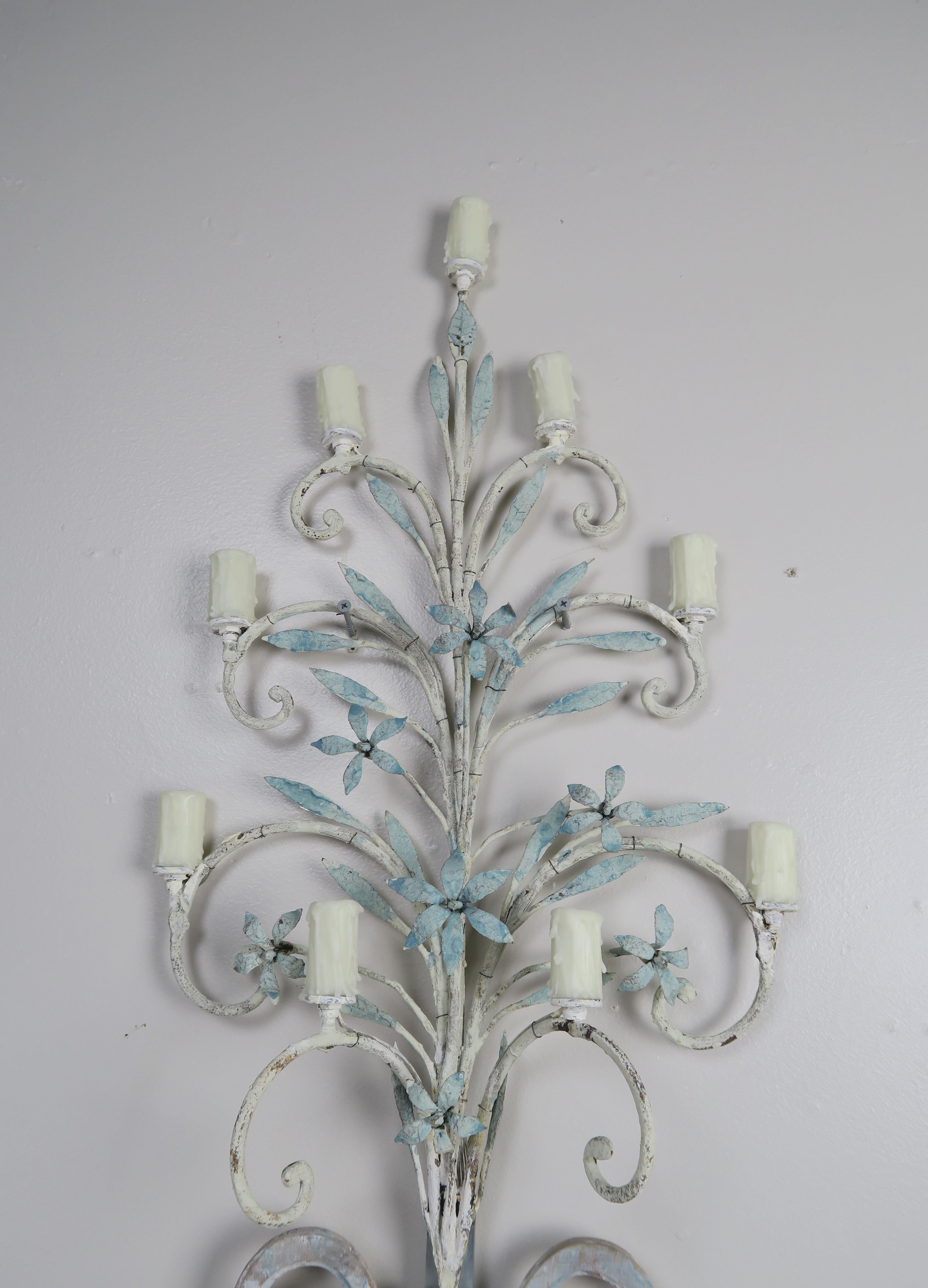 Pair of 19th Century Italian Painted 9-Light Sconces In Distressed Condition For Sale In Los Angeles, CA