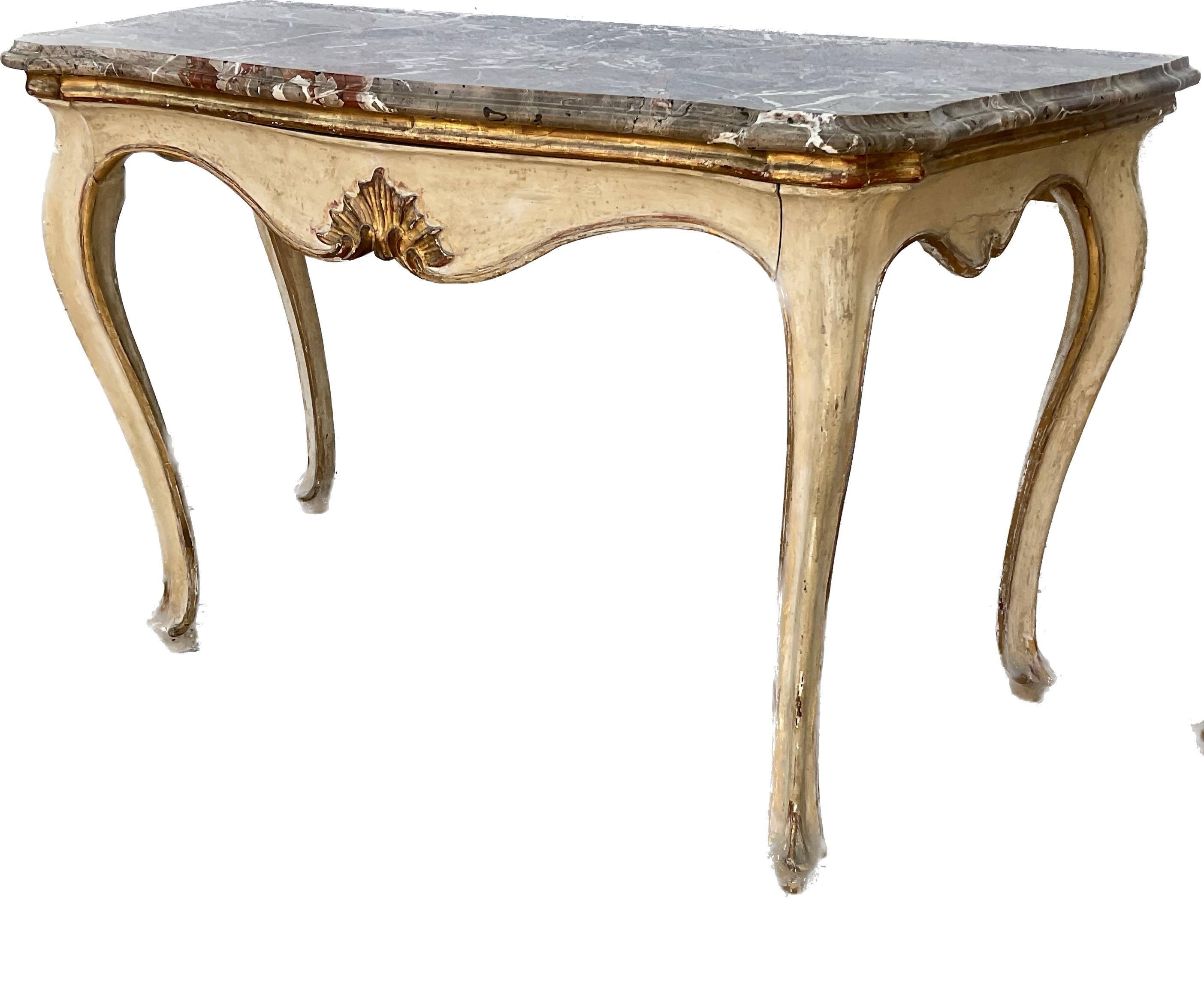 Pair of 19th Century Italian Painted and Gilt Marble-Top Console Tables For Sale 5