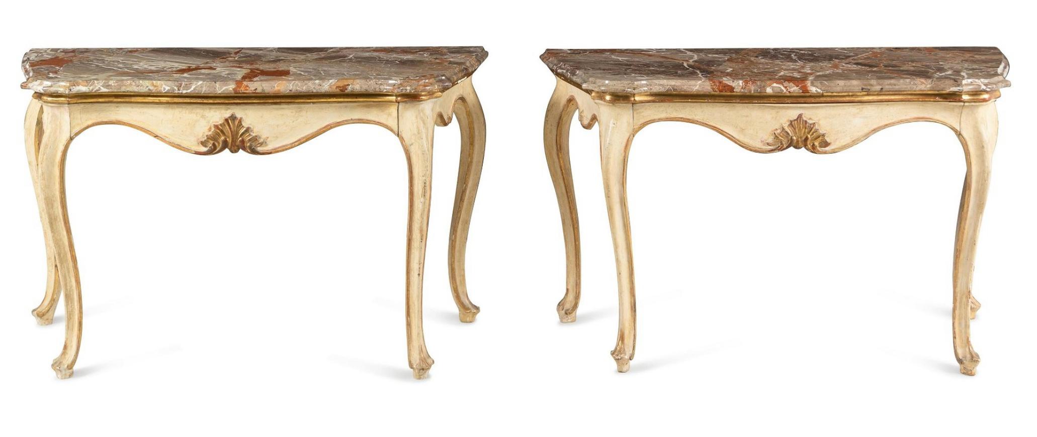 Pair of 19th Century Italian Painted and Gilt Marble-Top Console Tables For Sale 6