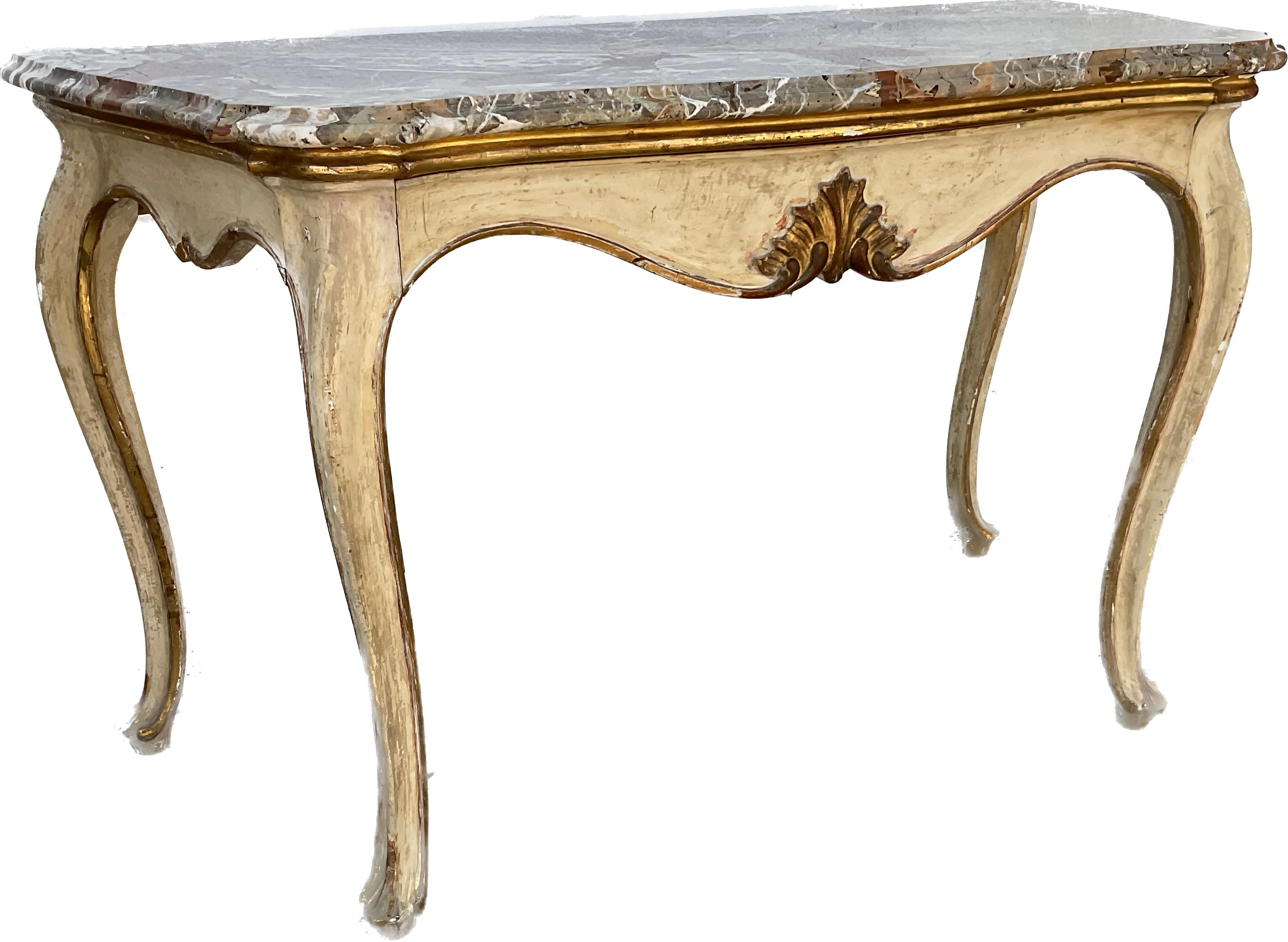 Paire de consoles italiennes du 19ème siècle peintes et dorées avec plateau en marbre en vente 5