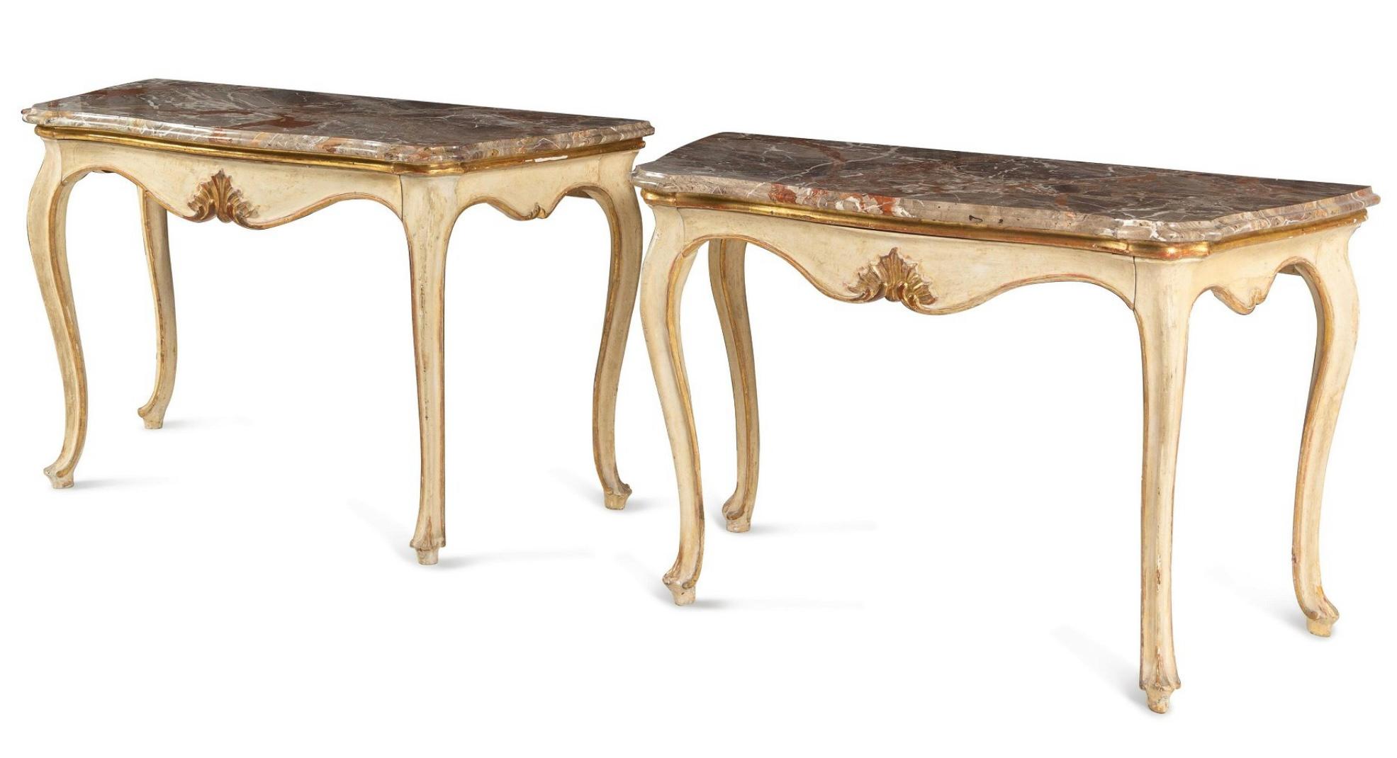 Fine pair of 19th century Italian rococo console tables, fine breche marble tops over scalloped sides and molded edge with carved gilt shell in center of aprons, which each have a single drawer. Original creamy paint and gold gilt highlights,