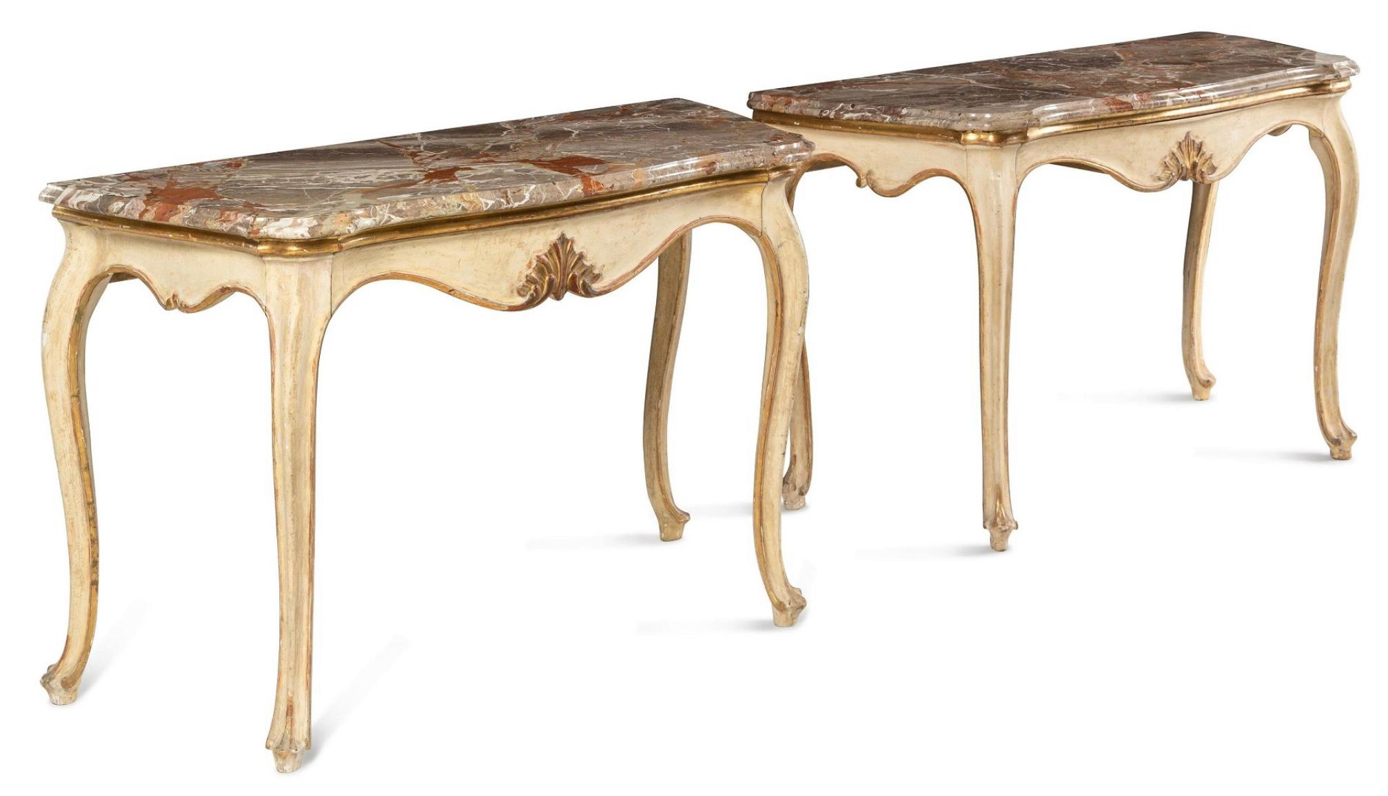 Rococo Pair of 19th Century Italian Painted and Gilt Marble-Top Console Tables For Sale
