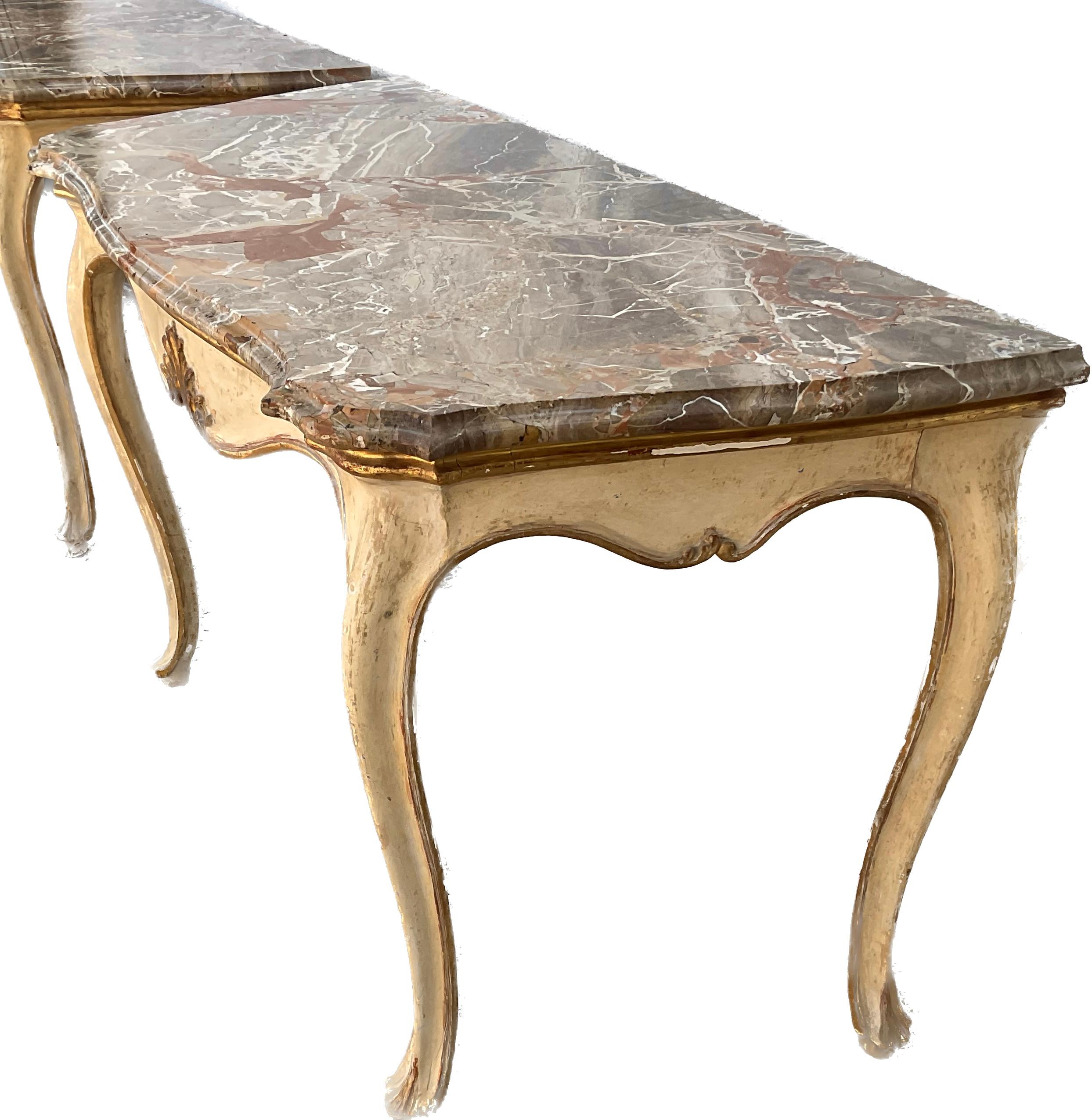 Pair of 19th Century Italian Painted and Gilt Marble-Top Console Tables In Good Condition For Sale In Bradenton, FL