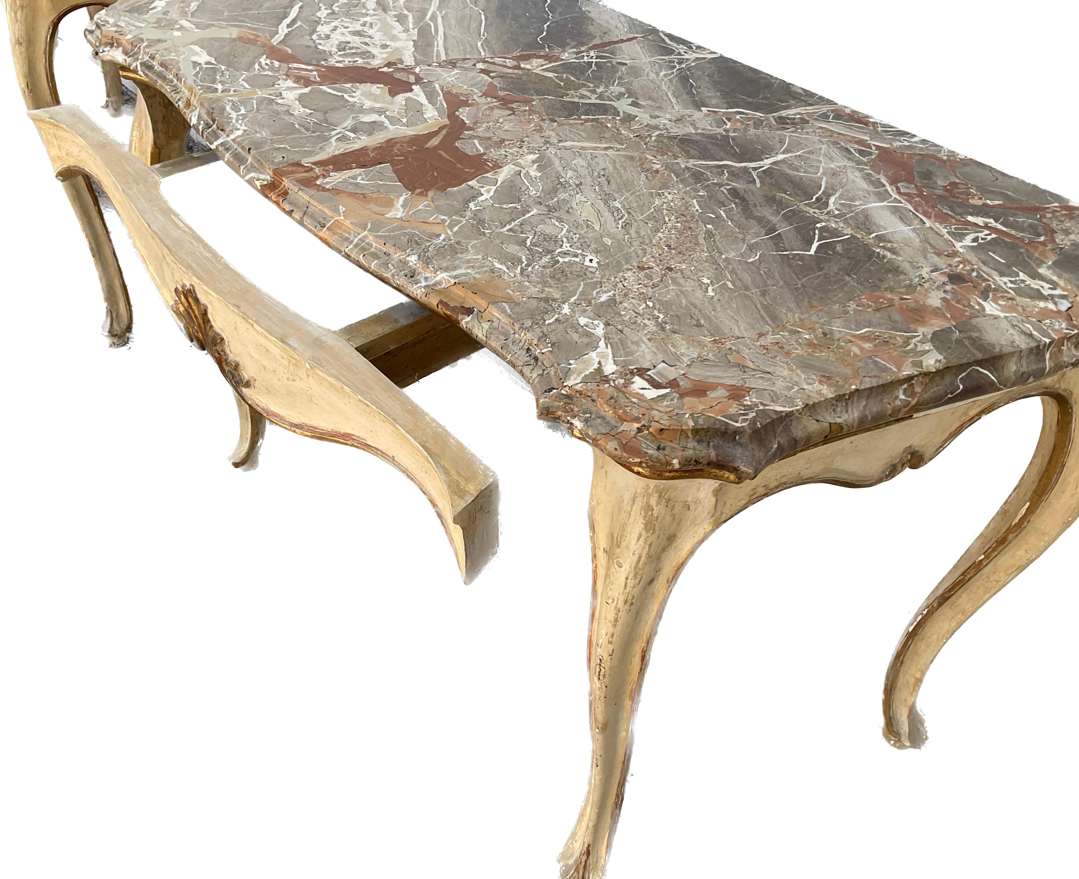 Pair of 19th Century Italian Painted and Gilt Marble-Top Console Tables For Sale 1